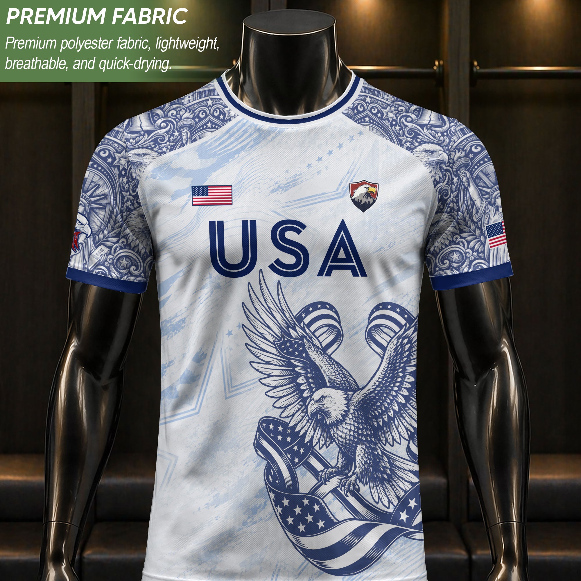 Athletic White Blue USA Soccer Jersey Adult Patriotic Eagle United States Team Shirt