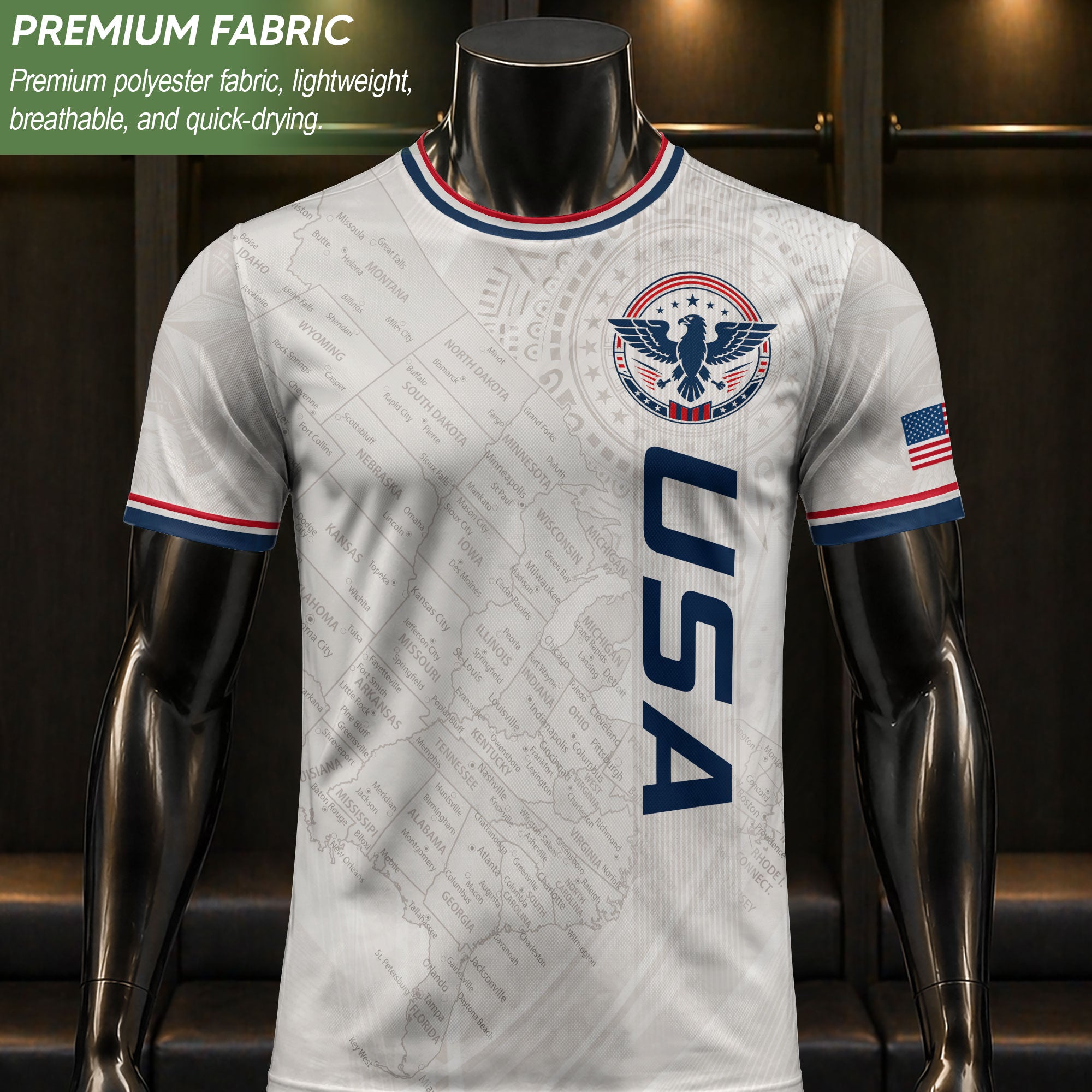 USA Soccer Jersey White US Map American Flag Shirt Patriotic Eagle Soccer Fan Tee