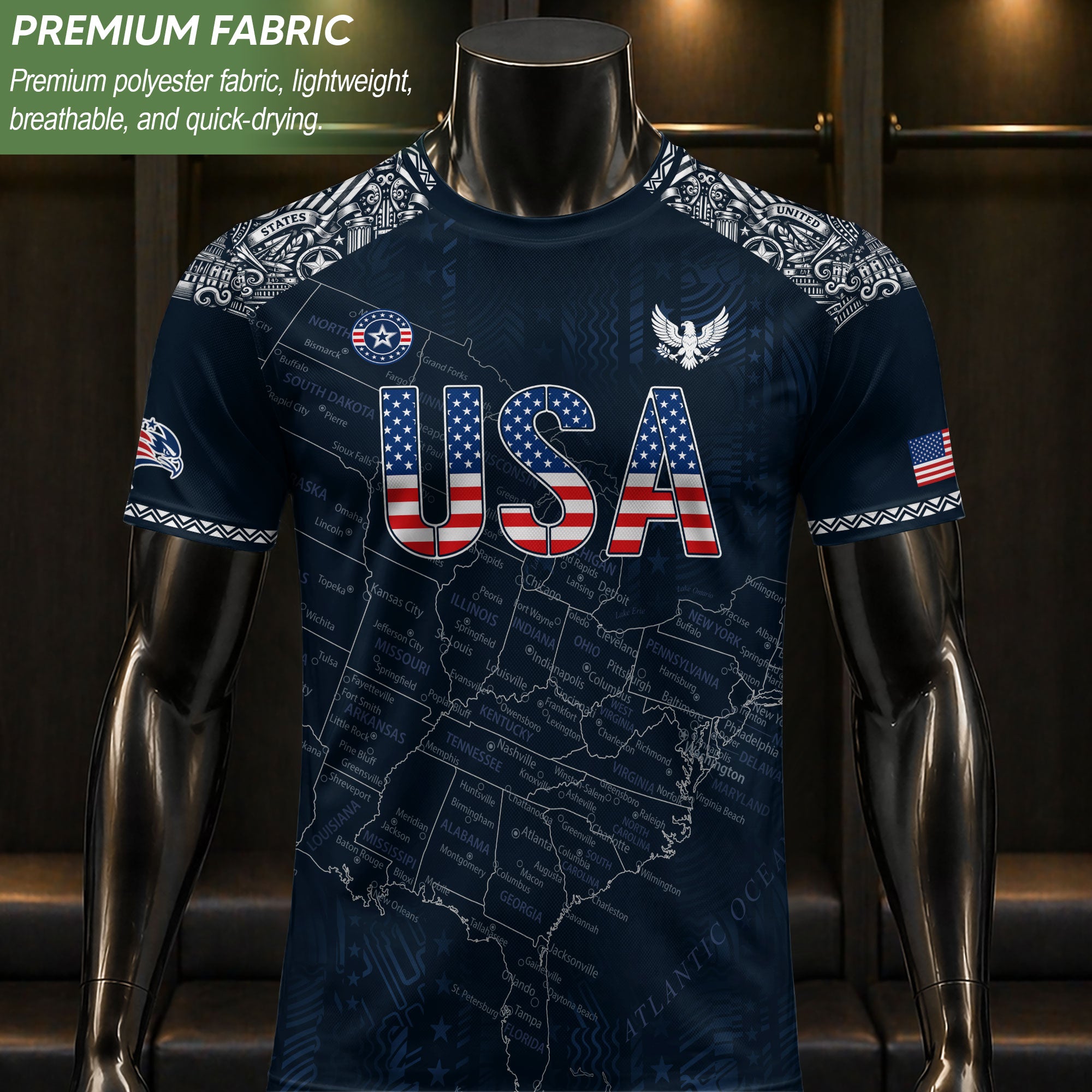 Navy USA Soccer Jersey Flag Pattern US Map American Shirt Patriotic Stars Stripes