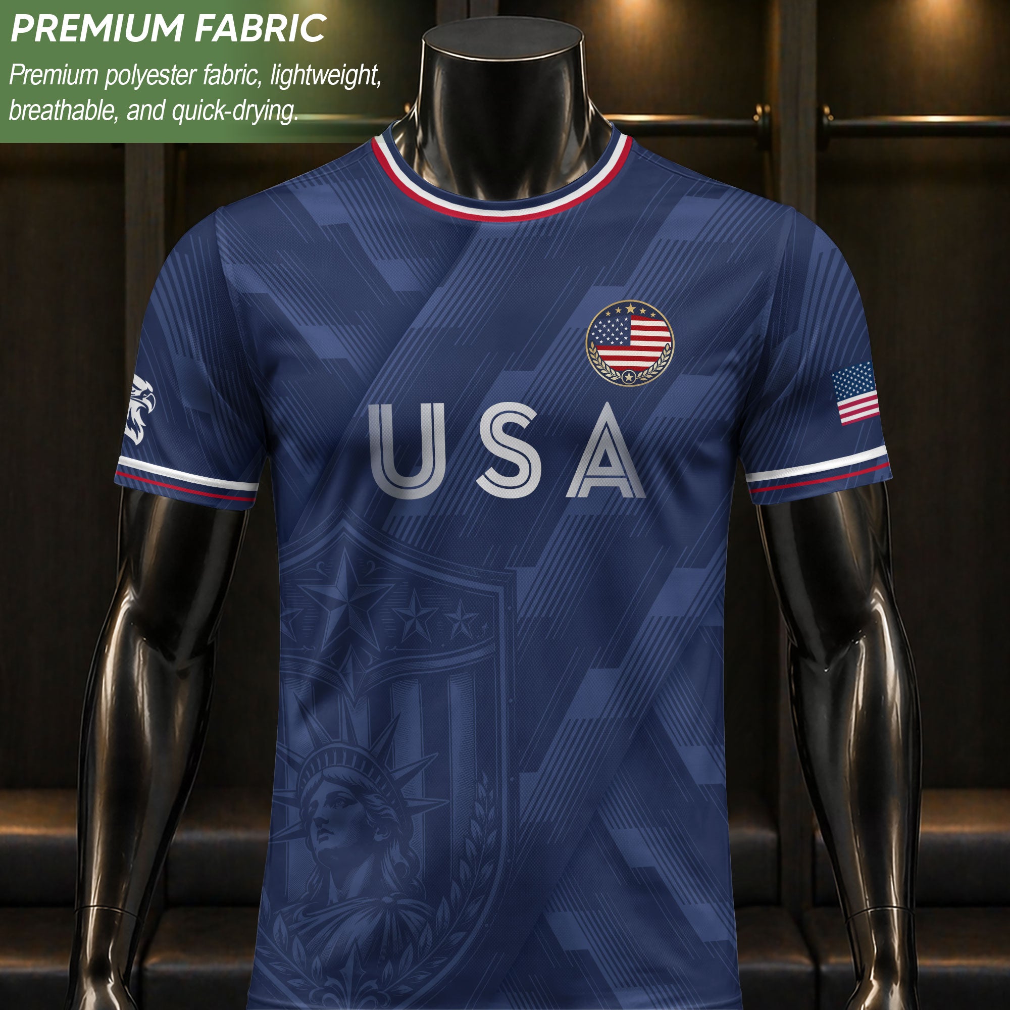 Navy Blue USA Soccer Jersey Patriotic Eagle Graphic Football Shirt for Men American Pride Sports Fan Apparel