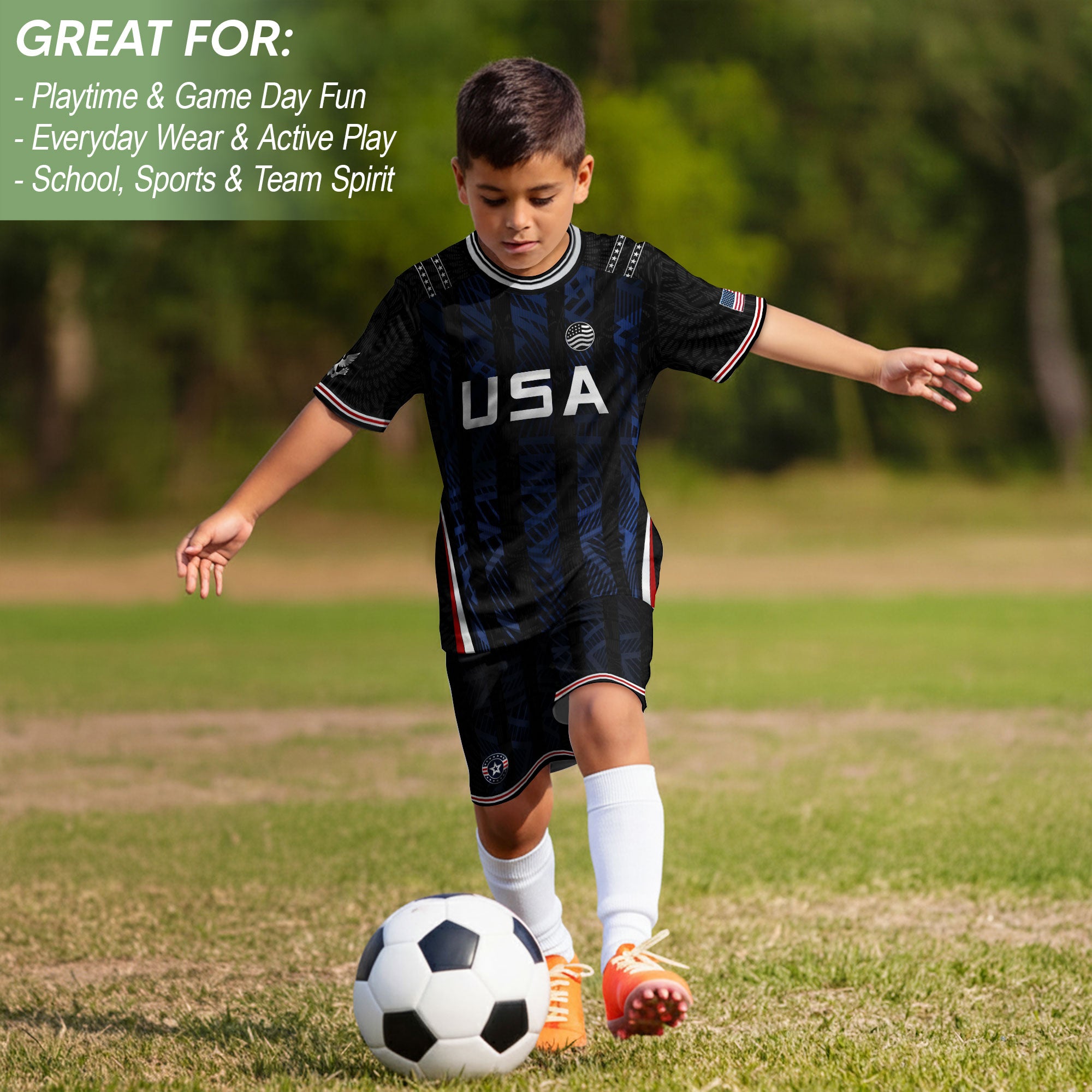 USA Kids Soccer Jersey Set Black Navy Eagle Crest Youth Football Kit