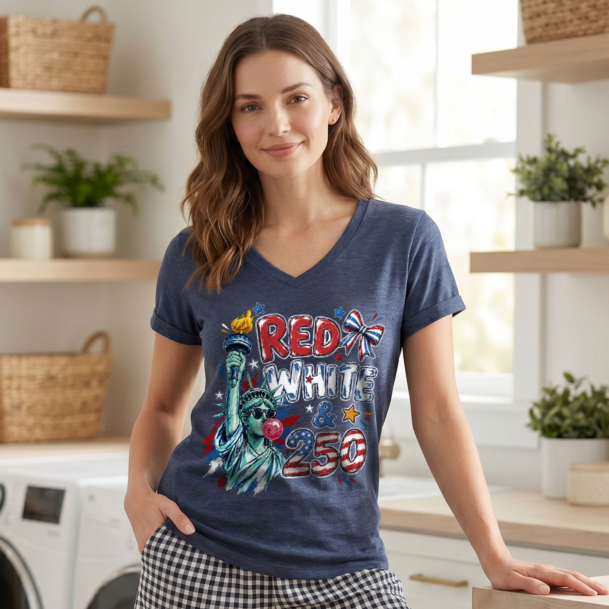 Red White & 250 Patriotic V-Neck T-Shirt for Women Vintage USA Graphic Tee