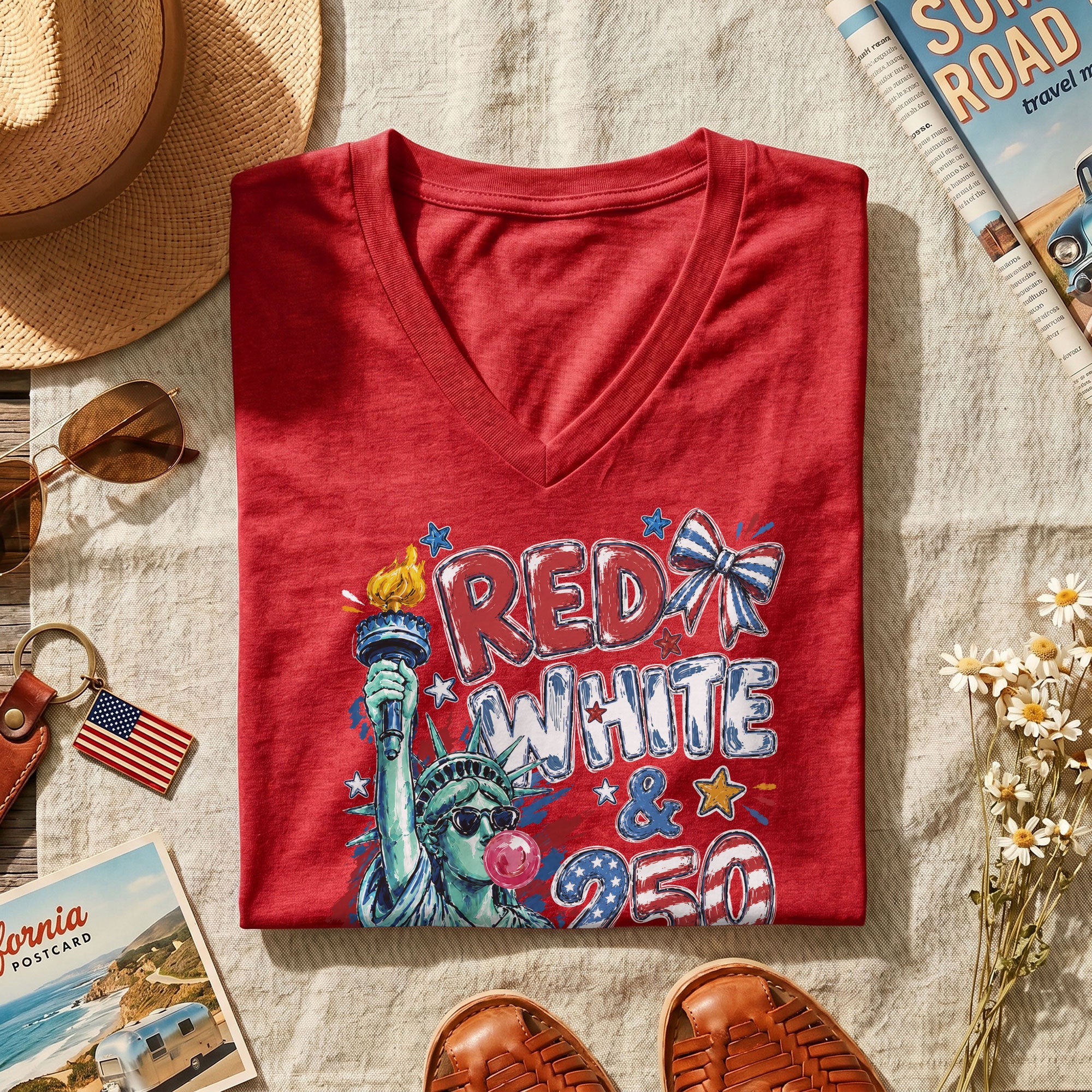 Red White & 250 Patriotic V-Neck T-Shirt for Women Vintage USA Graphic Tee