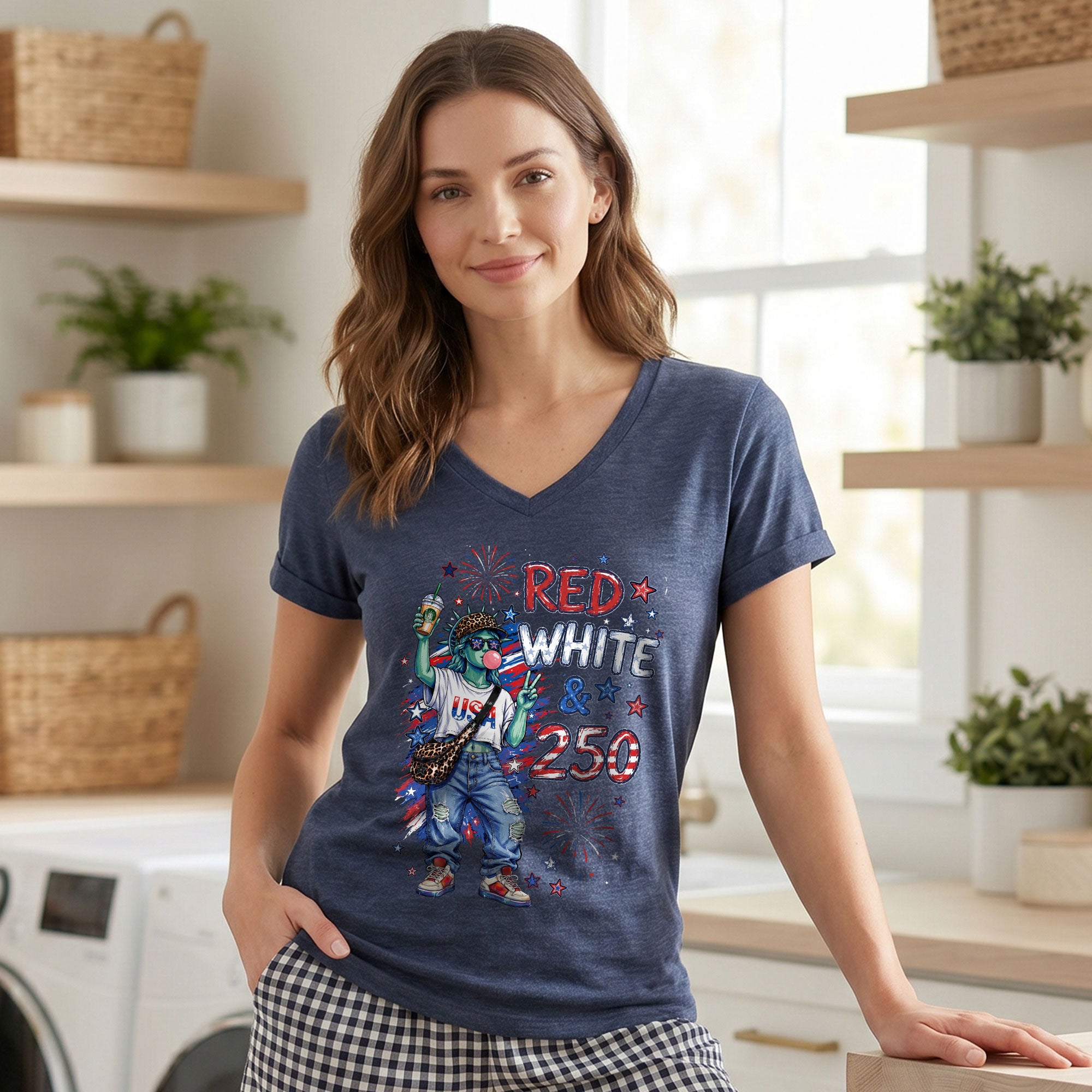 Red White & 250 Patriotic Lady Liberty Street Style V-Neck T-Shirt – America 250 Celebration Tee