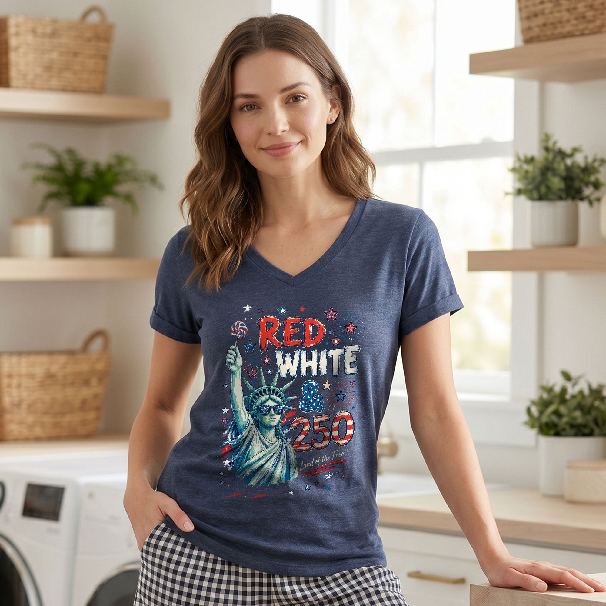 Red White & 250 Retro Lady Liberty Patriotic V-Neck T-Shirt – USA 250th Anniversary Graphic Tee