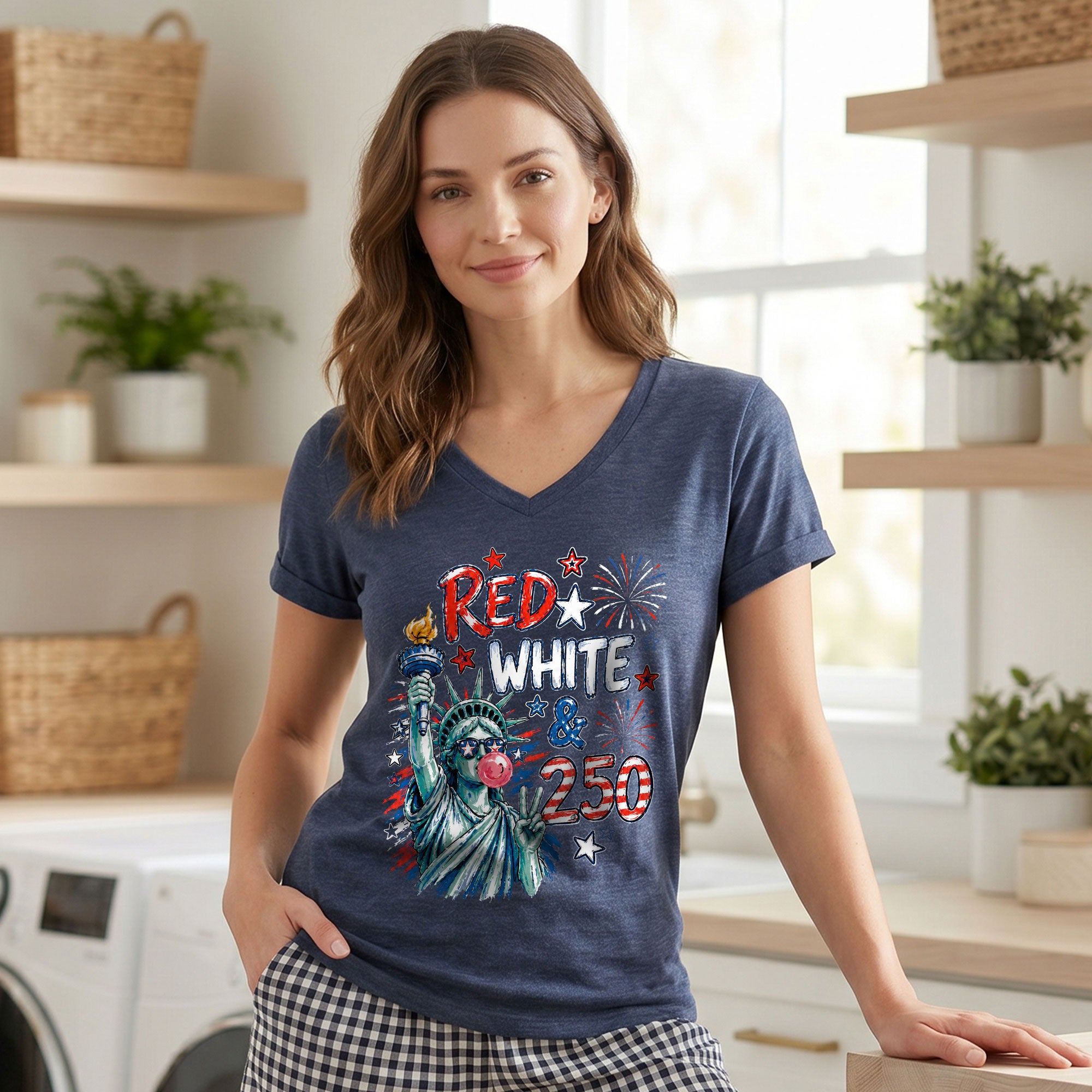 Red White & 250 Funny Lady Liberty Bubblegum V-Neck T-Shirt – America 250 Independence Day Tee