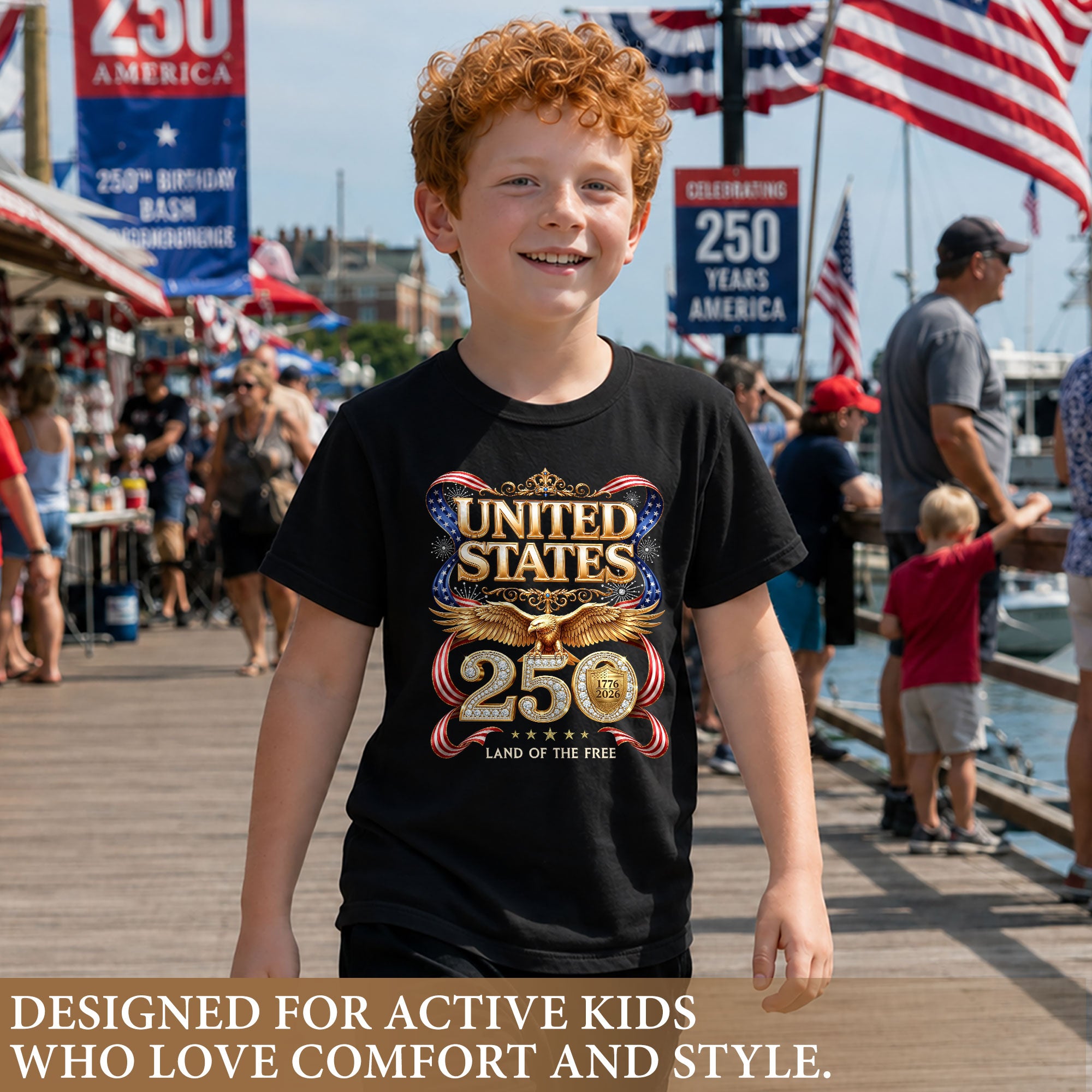 250 Years Kids T-Shirt Patriotic Golden Eagle United States American Flag Youth