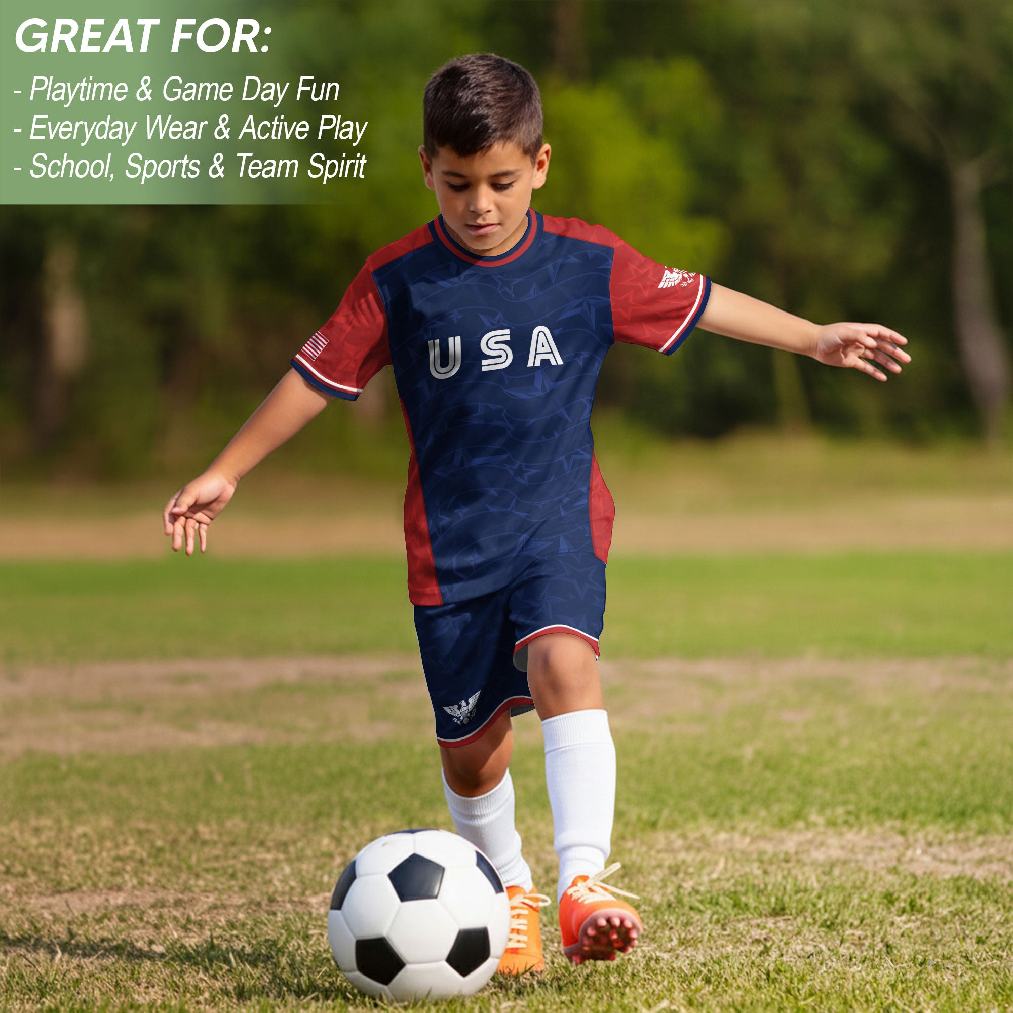 USA Kids Soccer Jersey Youth Navy Blue Red Patriotic Stars Graphic Football Shirt