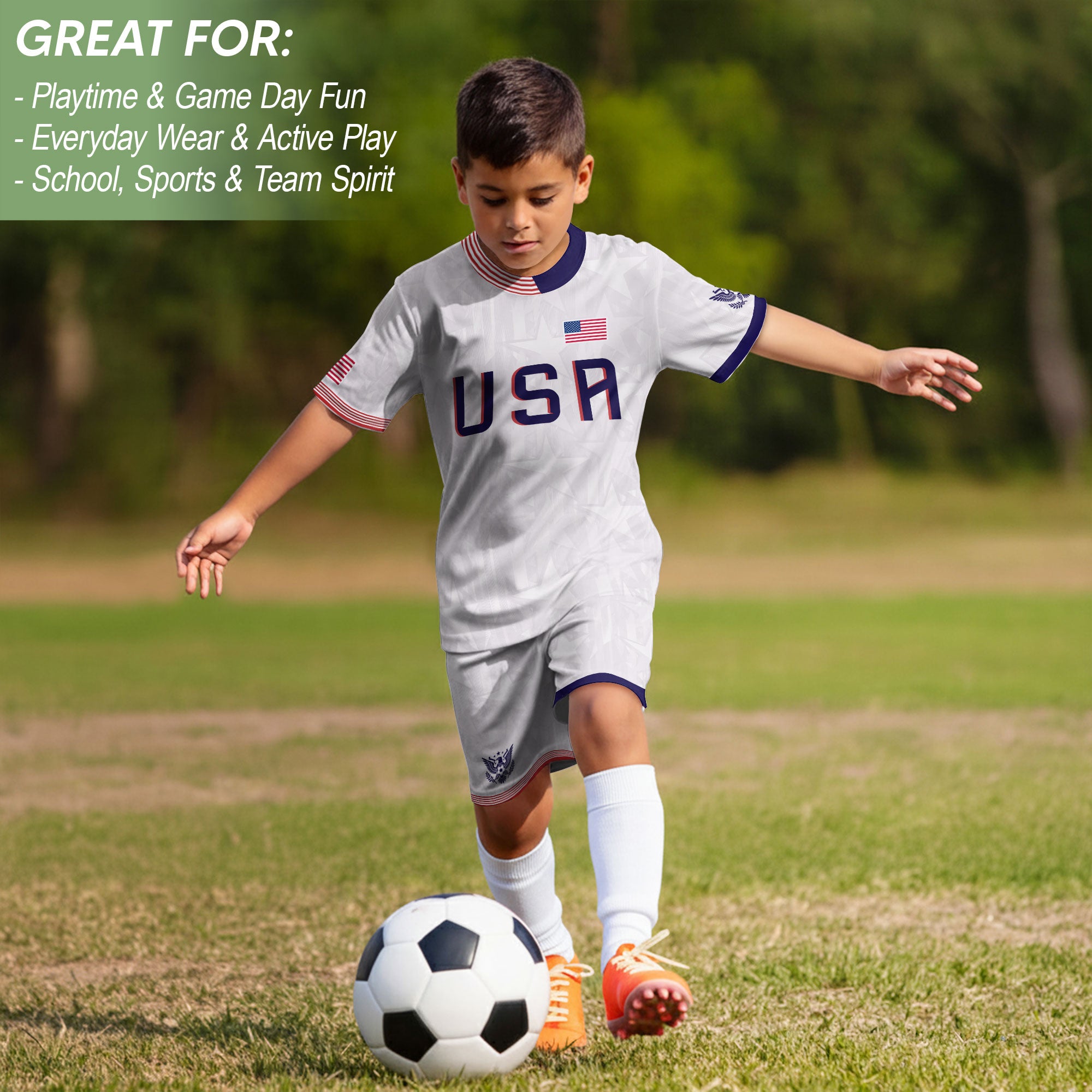 USA Kids Soccer Jersey Youth White Patriotic Stars Eagle Graphic Football Shirt