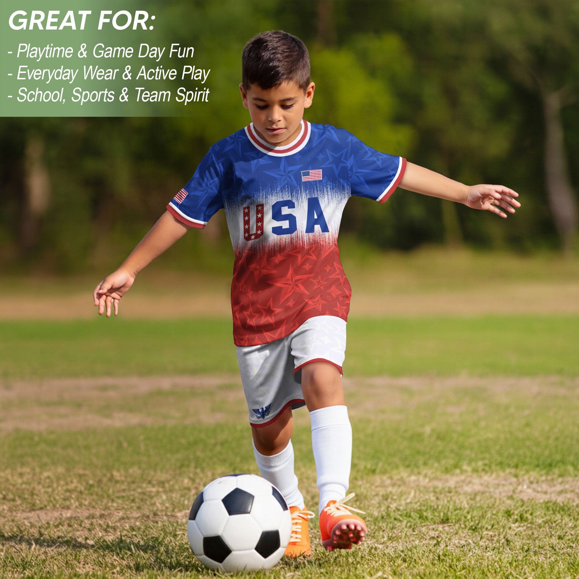USA Kids Soccer Jersey Youth Blue White Red Tie Dye Stars Patriotic Football Shirt