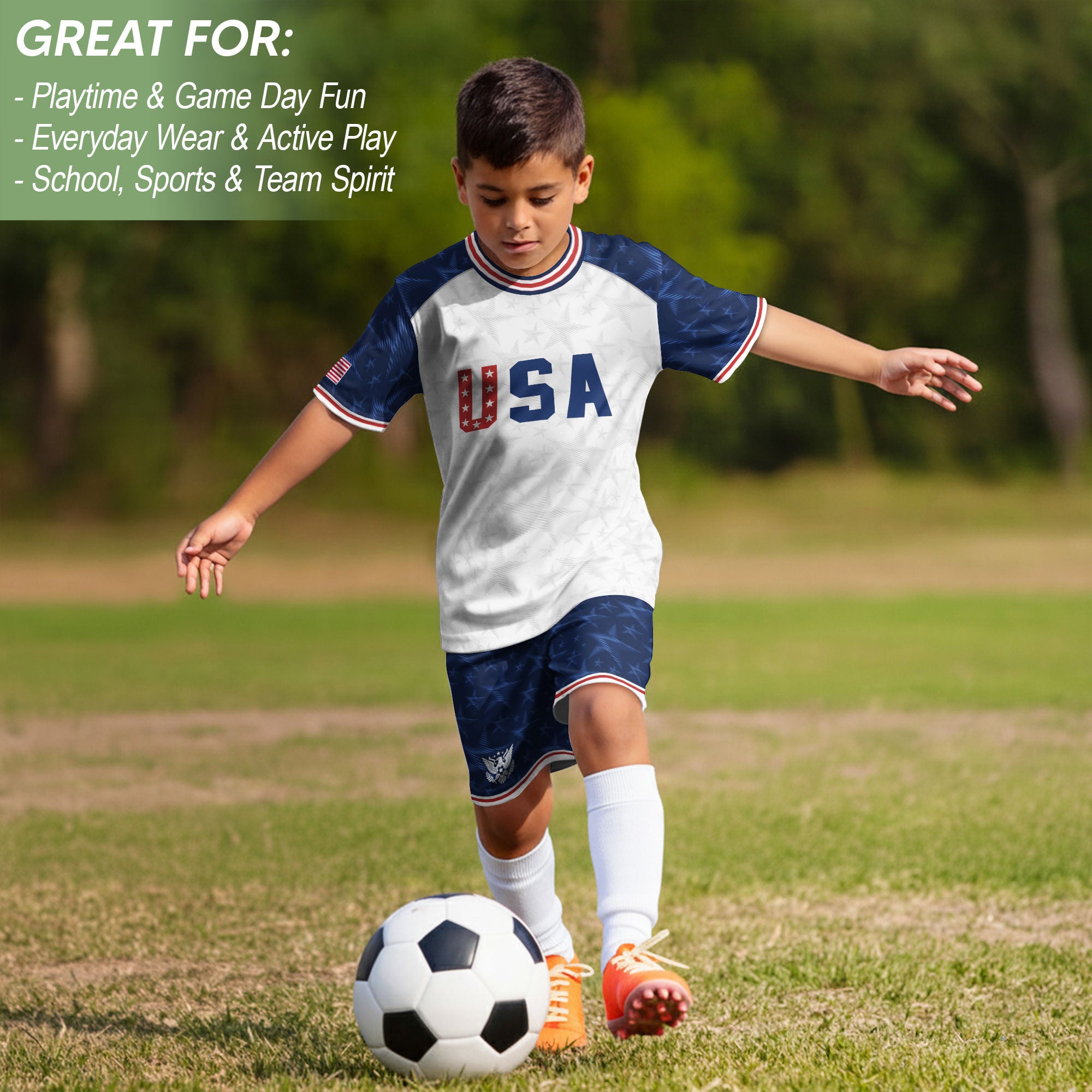 USA Kids Soccer Jersey Youth White Blue Raglan Patriotic Stars Eagle Football Shirt