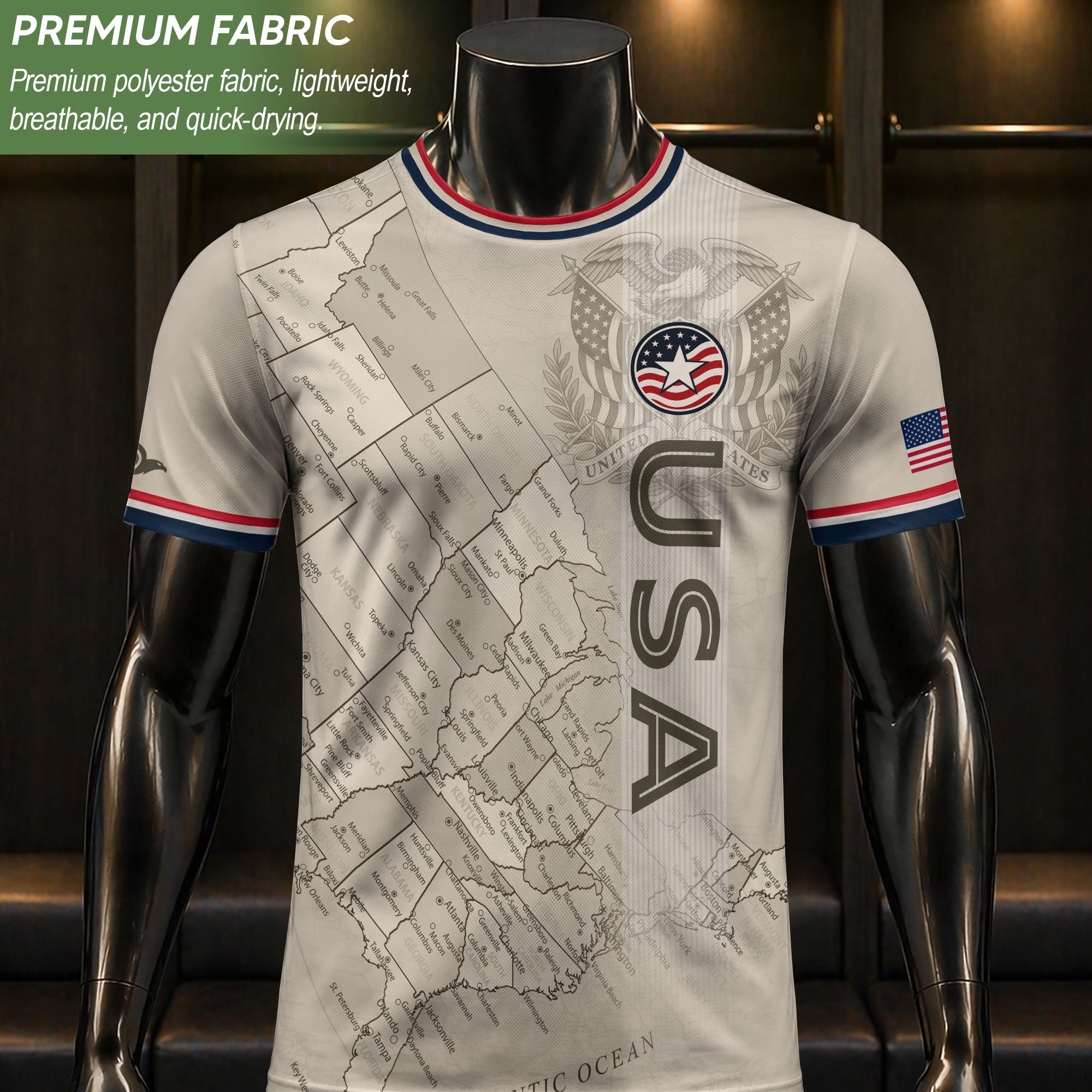 USA Soccer Jersey Navy Vintage US Map American Flag Shirt Patriotic Beige Soccer Fan