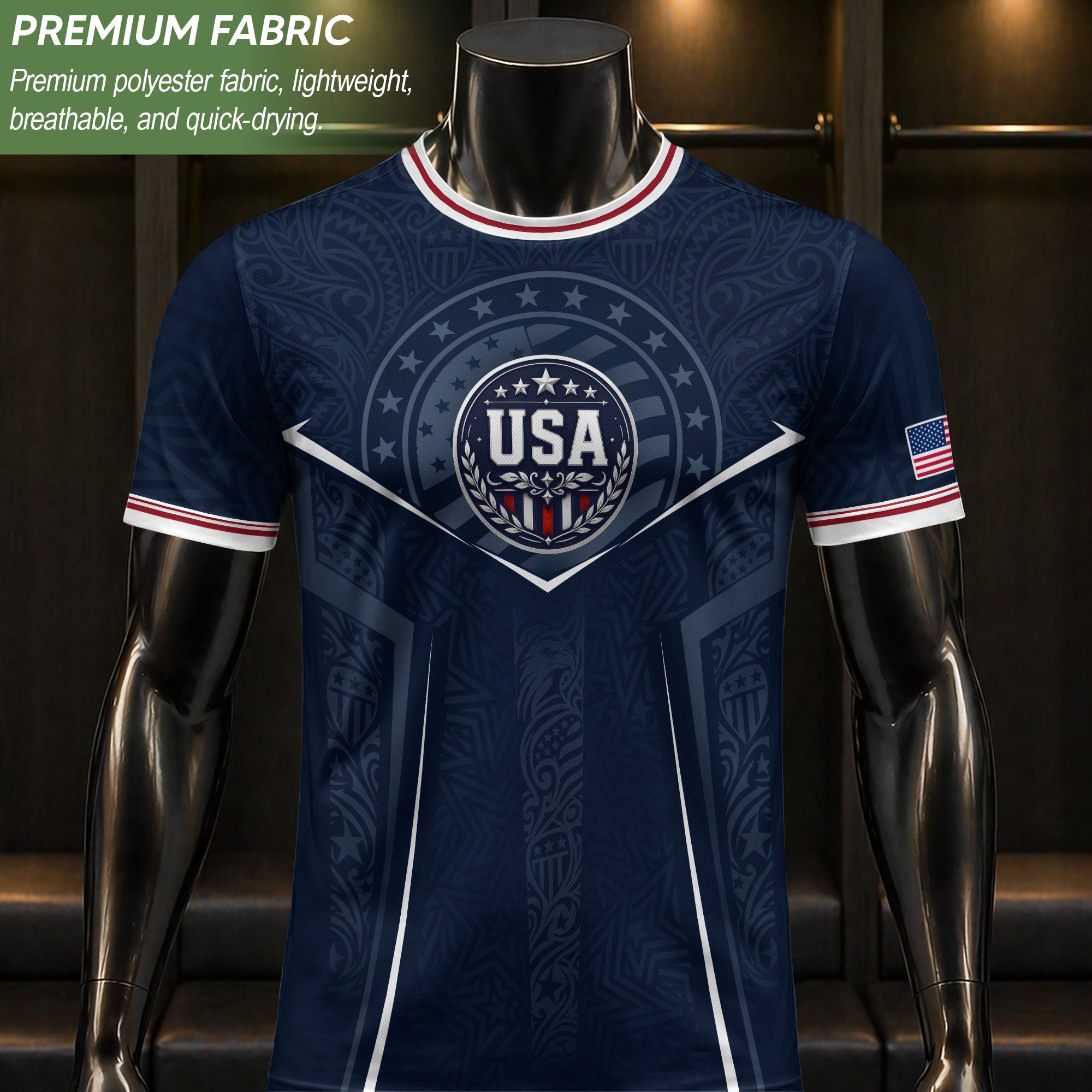 USA Soccer Jersey Navy Blue American Flag Shirt Patriotic Eagle Shield Fan Tee
