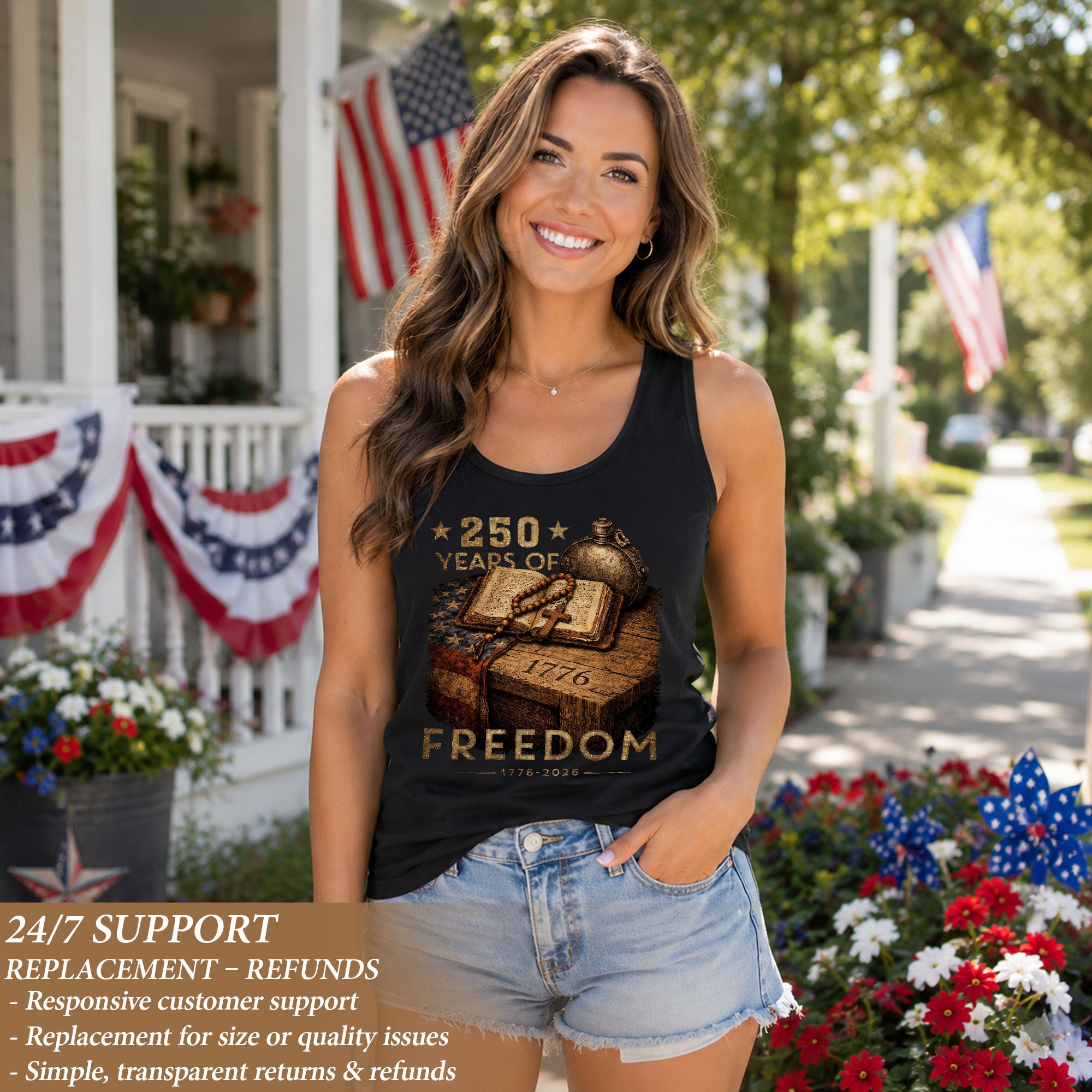 250 Years of Freedom Tank Top Women 1776-2026 Vintage Faith Patriotic US Shirt