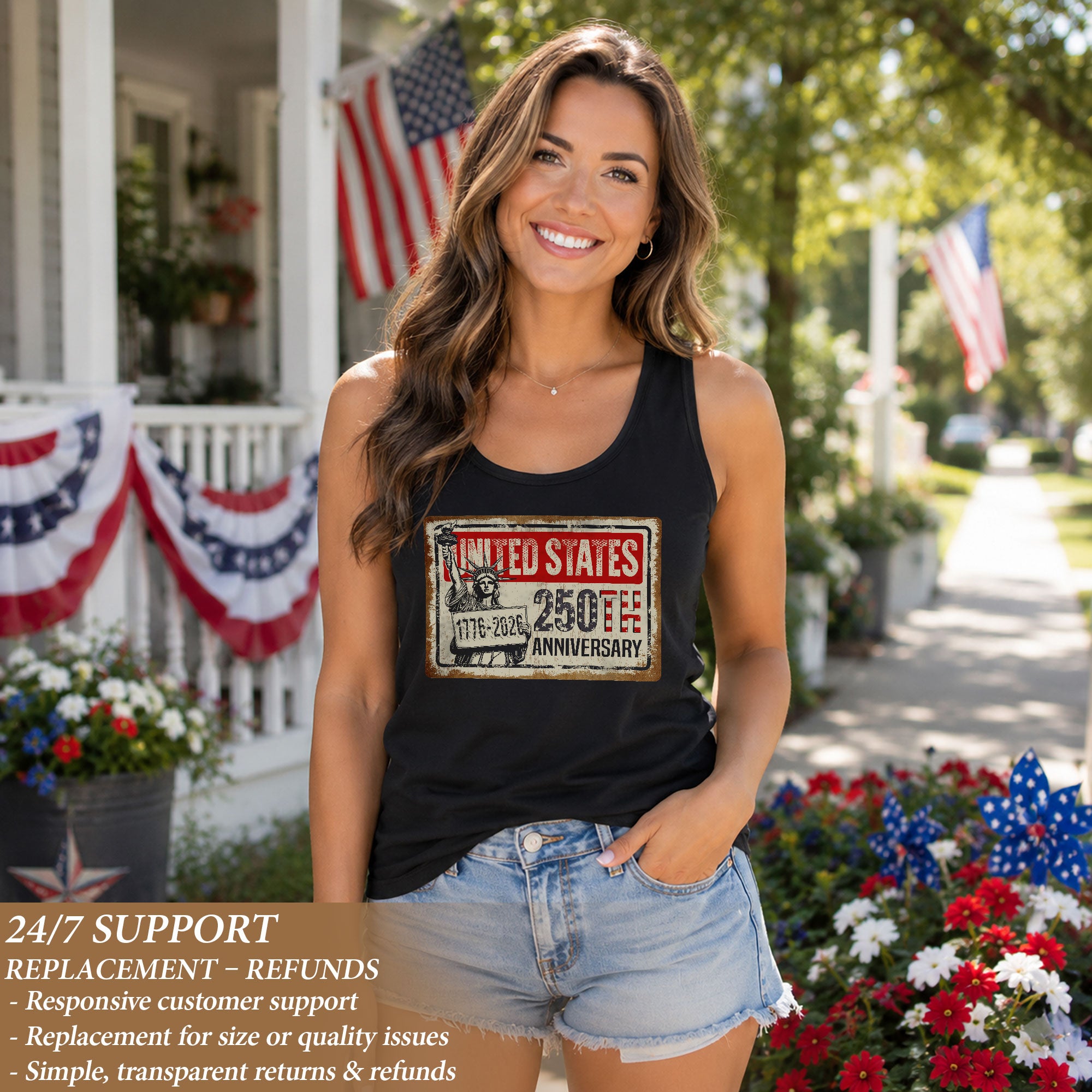 United States 250th Anniversary Tank Top Women Vintage Liberty Sign Patriotic Shirt
