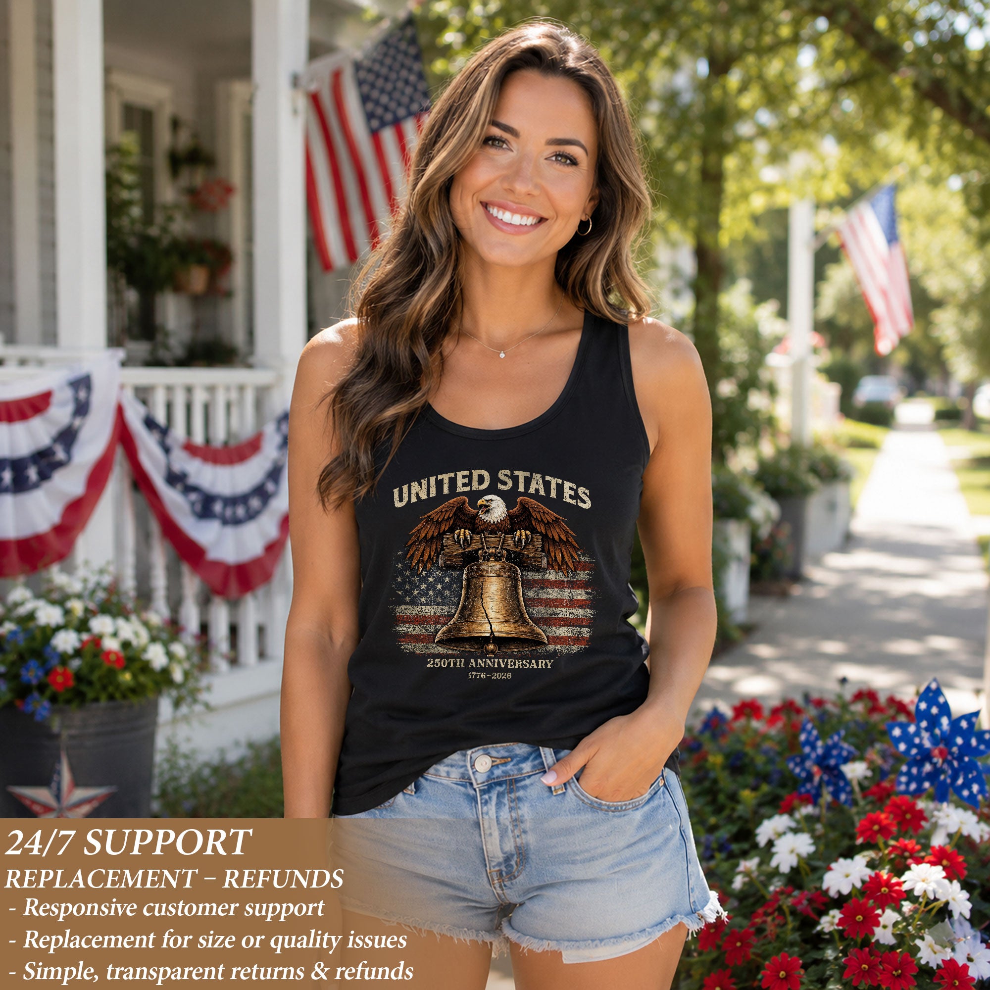 United States 250th Anniversary Tank Top Women Liberty Bell Patriotic Eagle Shirt