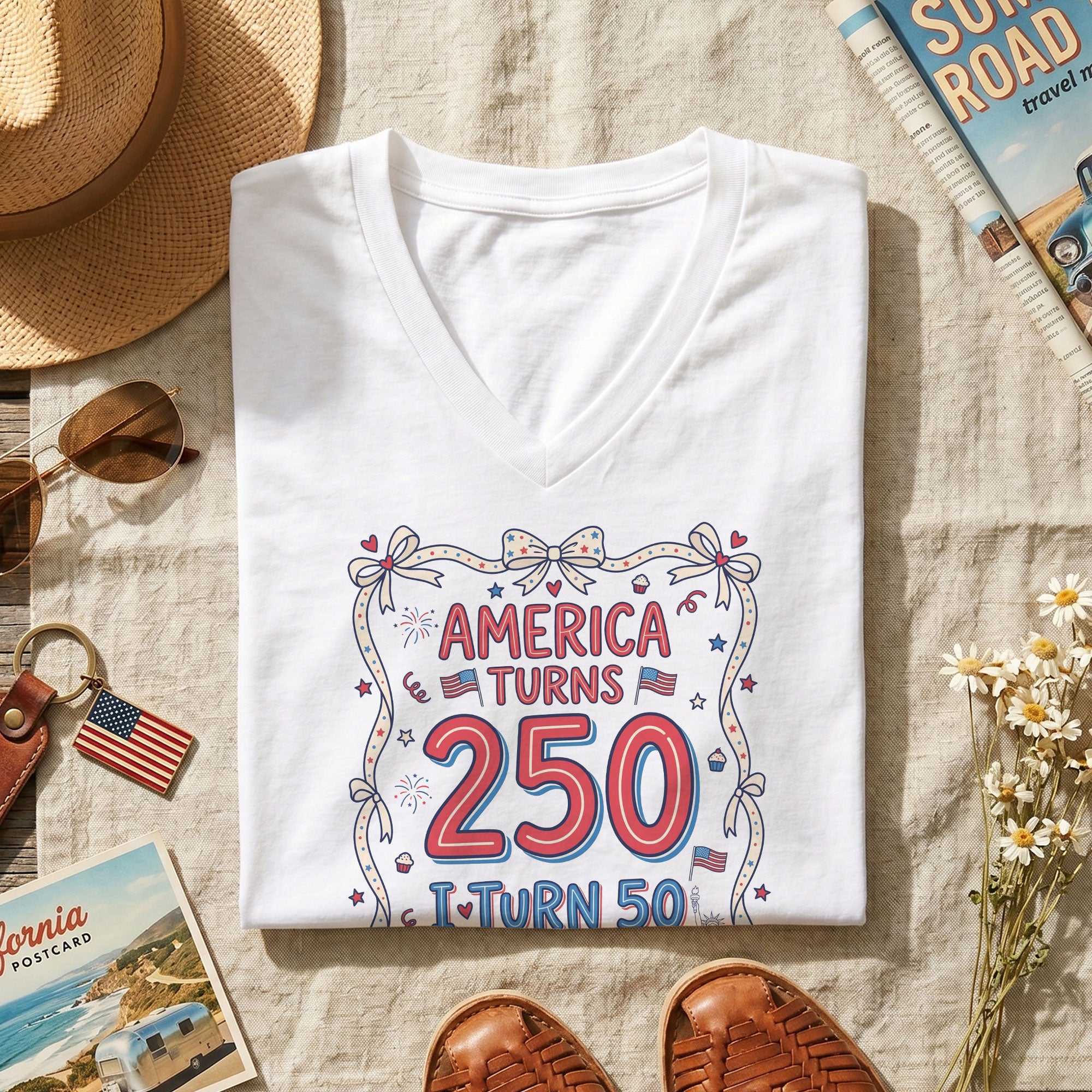 America Turns 250 & I Turn 50 Patriotic Birthday V-Neck T-Shirt