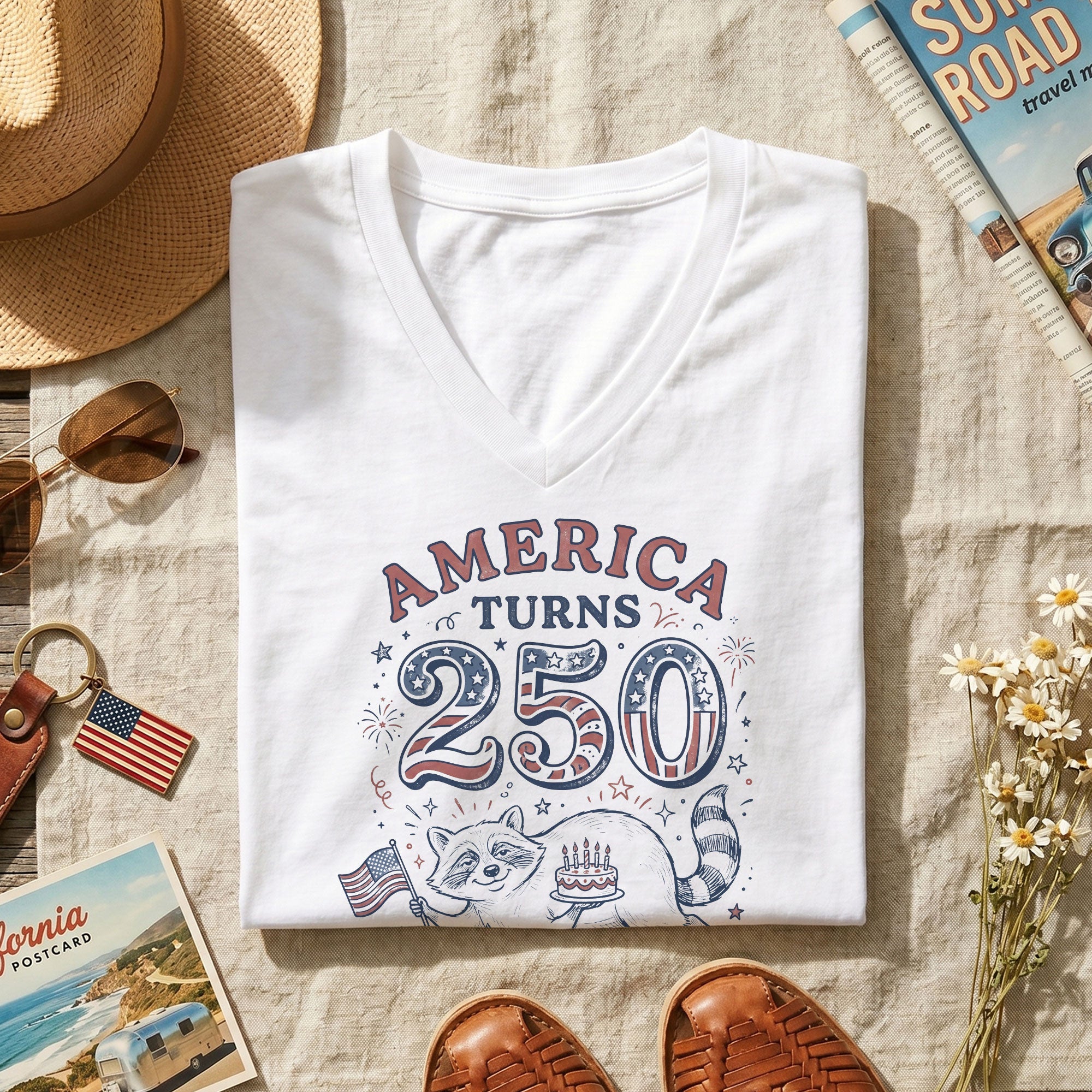 Funny America 250th Birthday and My 50th Birthday Raccoon Holding Cake and USA Flag Shirt