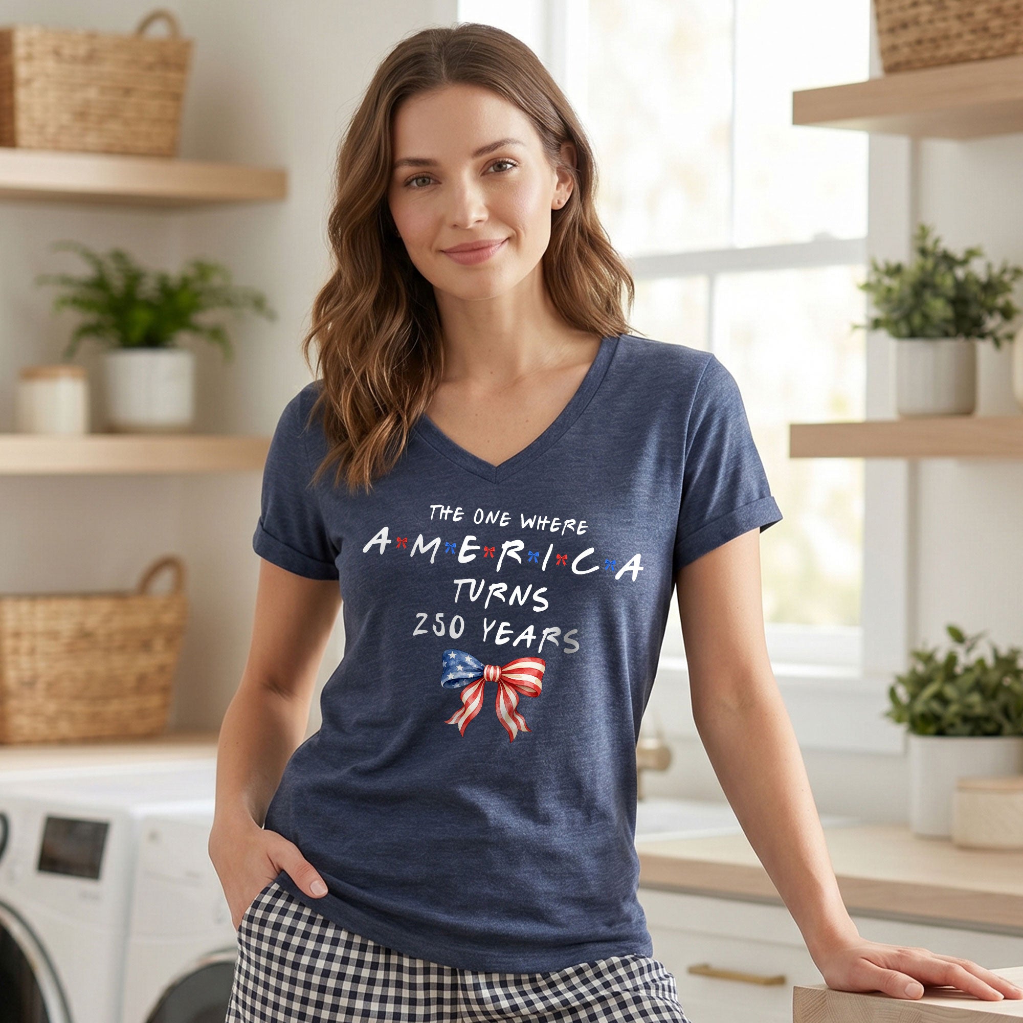 Women V Neck T Shirt America Turns 250 Years Patriotic Coquette Flag Bow Graphic Tee
