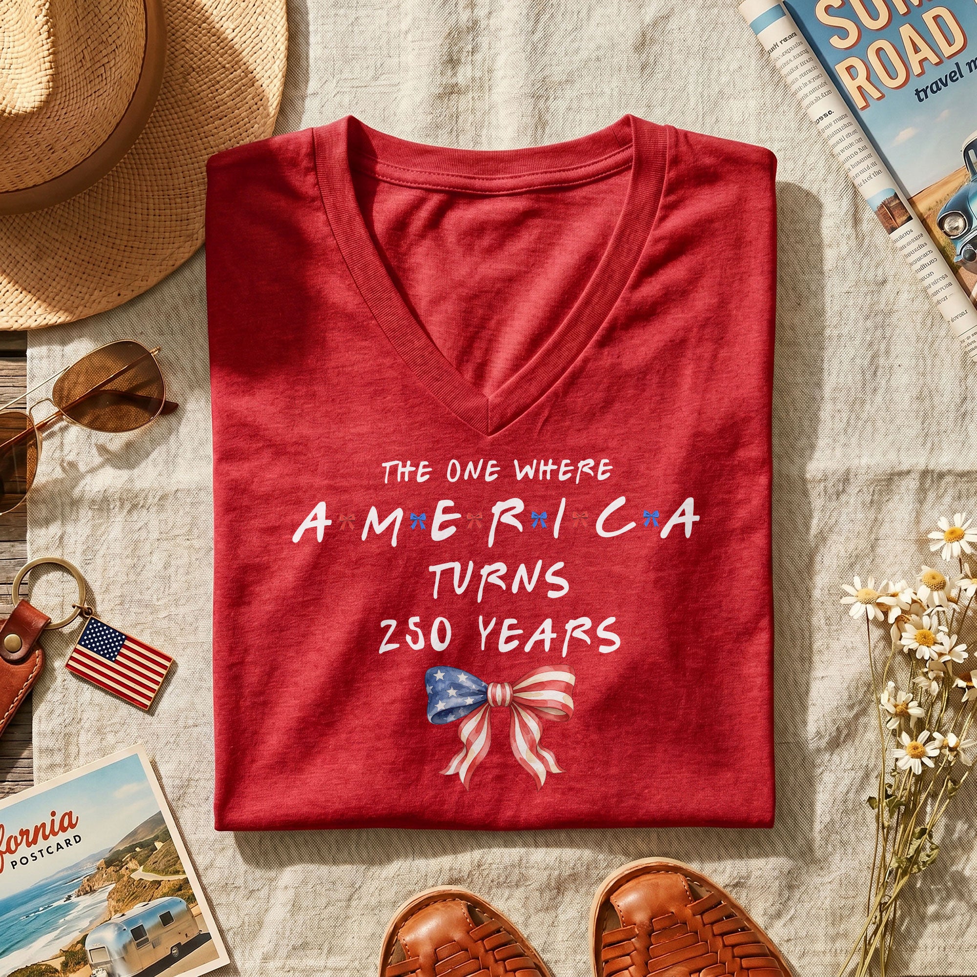 Women V Neck T Shirt America Turns 250 Years Patriotic Coquette Flag Bow Graphic Tee