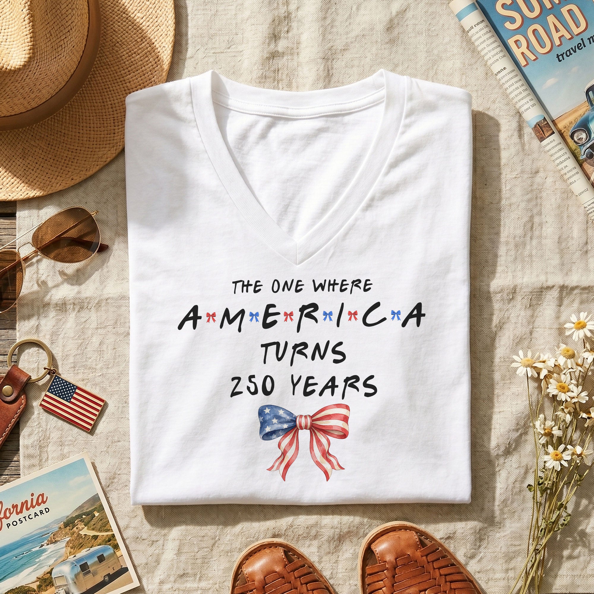 America 250 Years Women V Neck T Shirt White Casual Patriotic Holiday Coquette Bow Top
