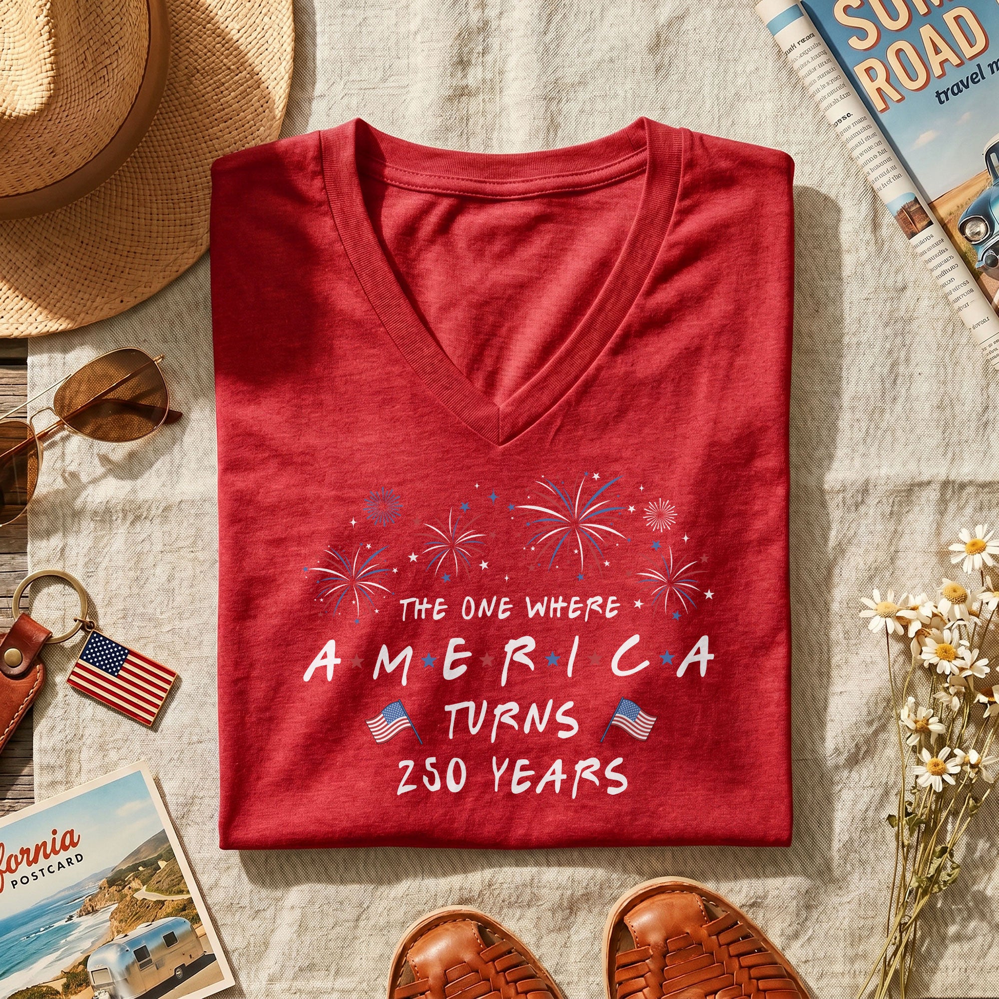 Women V Neck T Shirt America Turns 250 Years Patriotic Fireworks Friends Font Tee