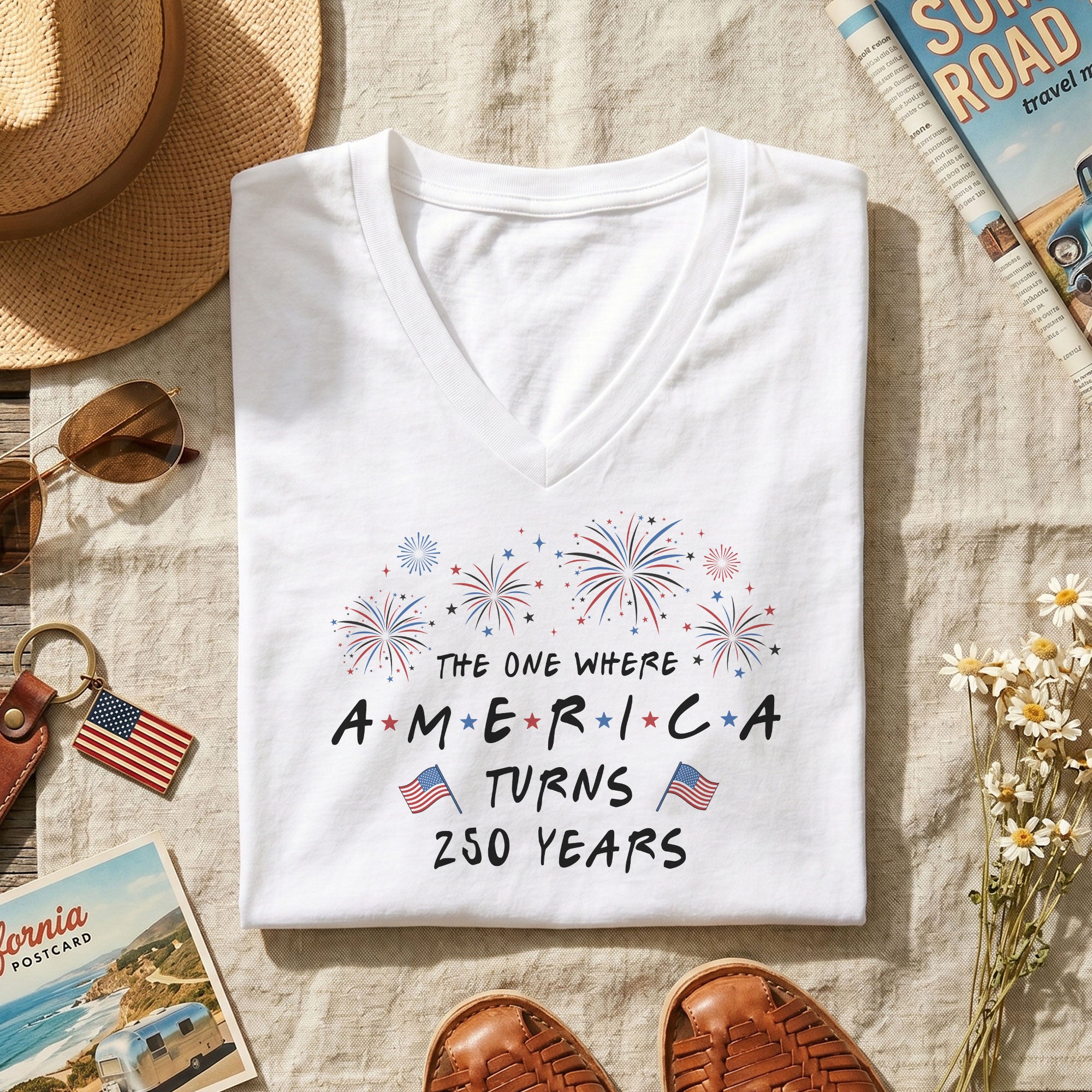 Women V Neck T Shirt America Turns 250 Years Patriotic Fireworks White Graphic Tee