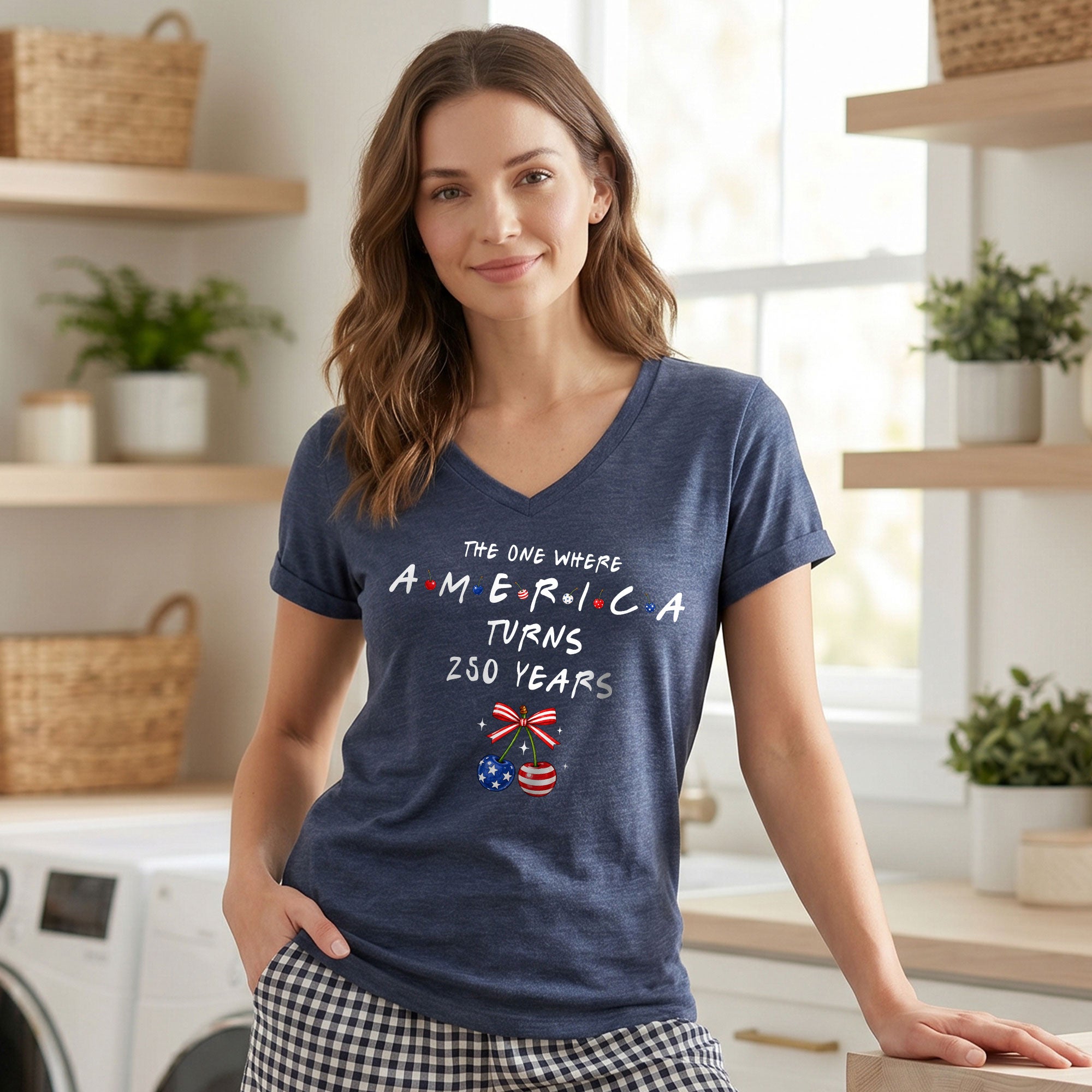 250 Years America Turns Friends Font Women V Neck T Shirt Patriotic Cherries Graphic Top