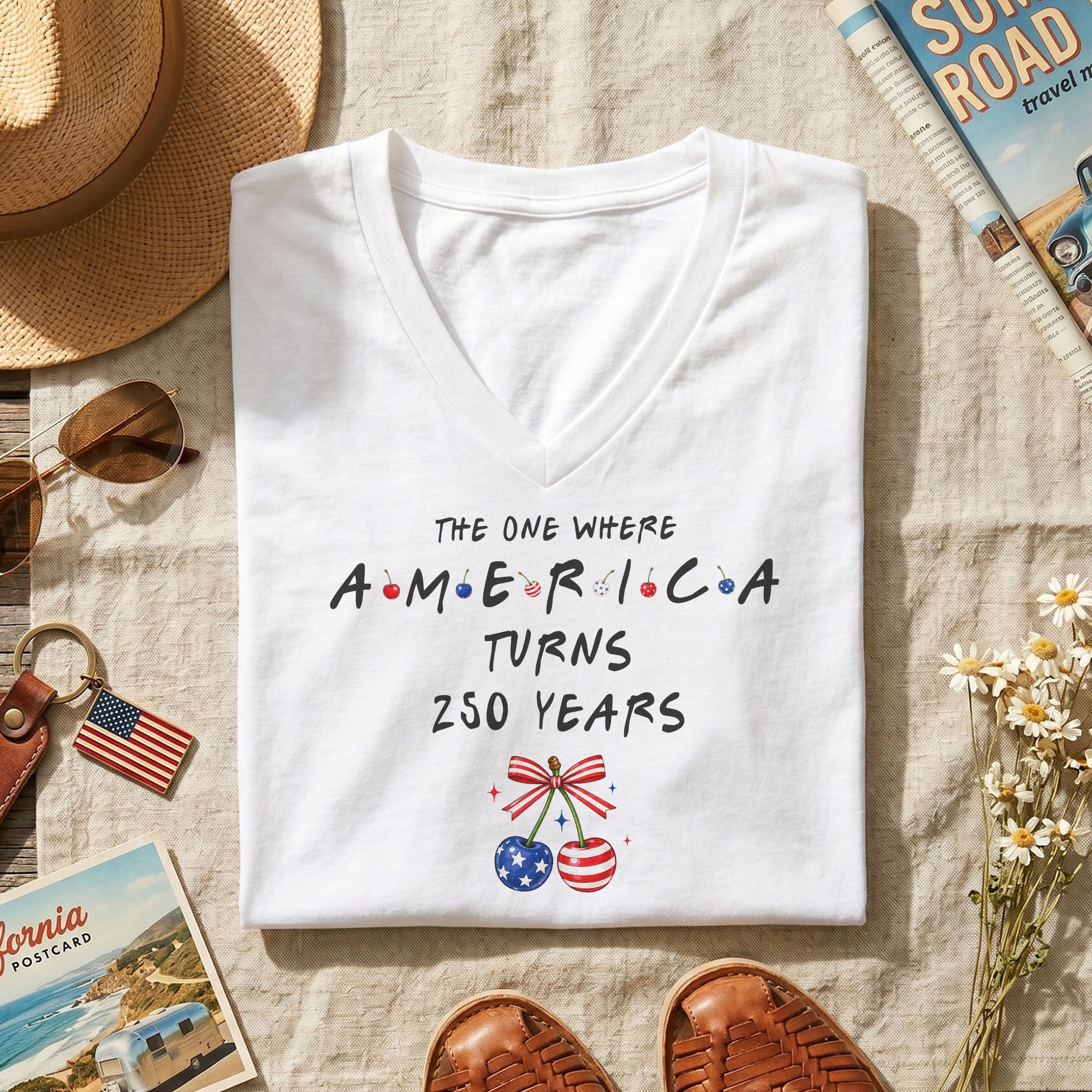 Patriotic Cherries America Turns 250 Years Women V Neck T Shirt White Graphic Tee