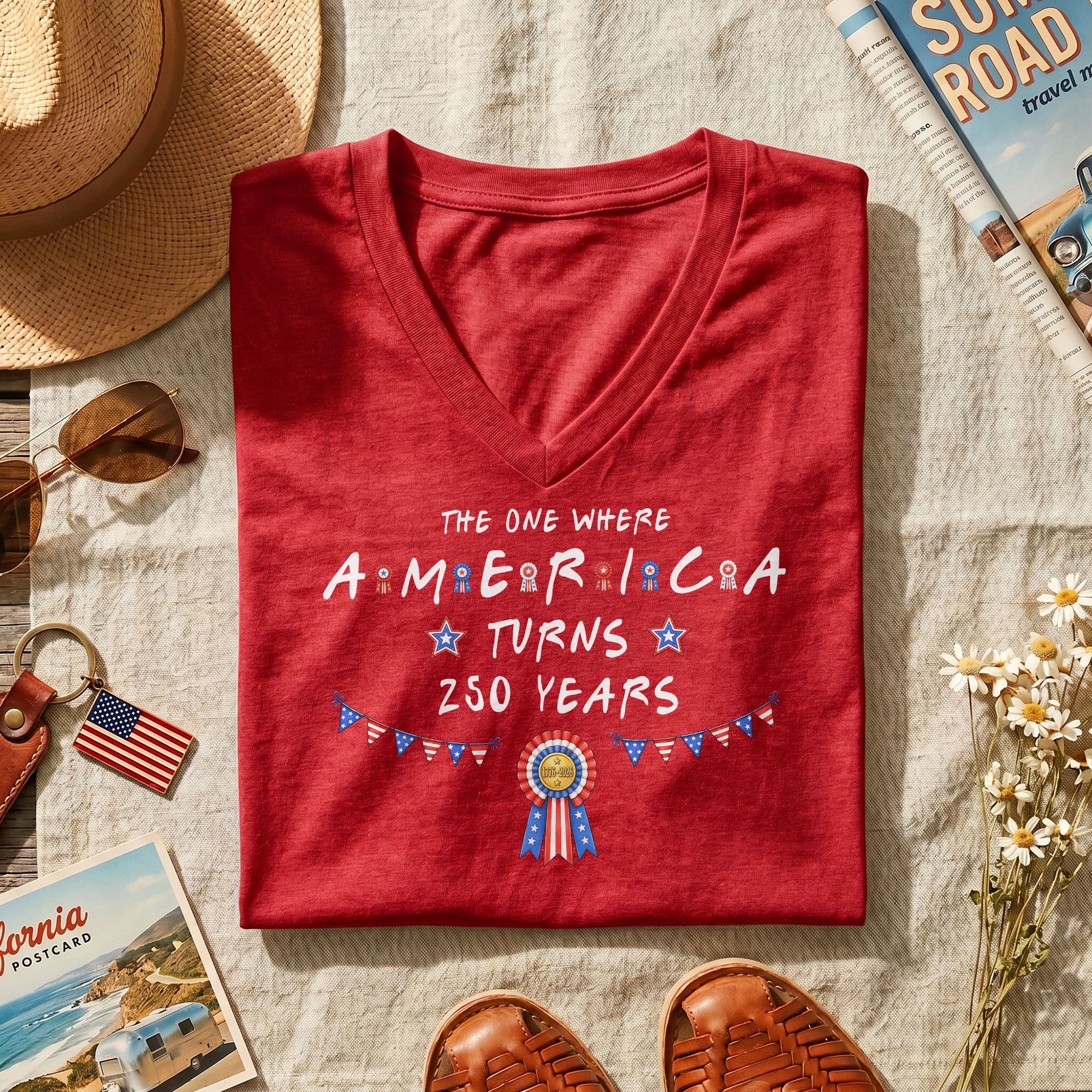 Patriotic Ribbon Bunting America Turns 250 Years Women V Neck T Shirt Heather Navy Tee
