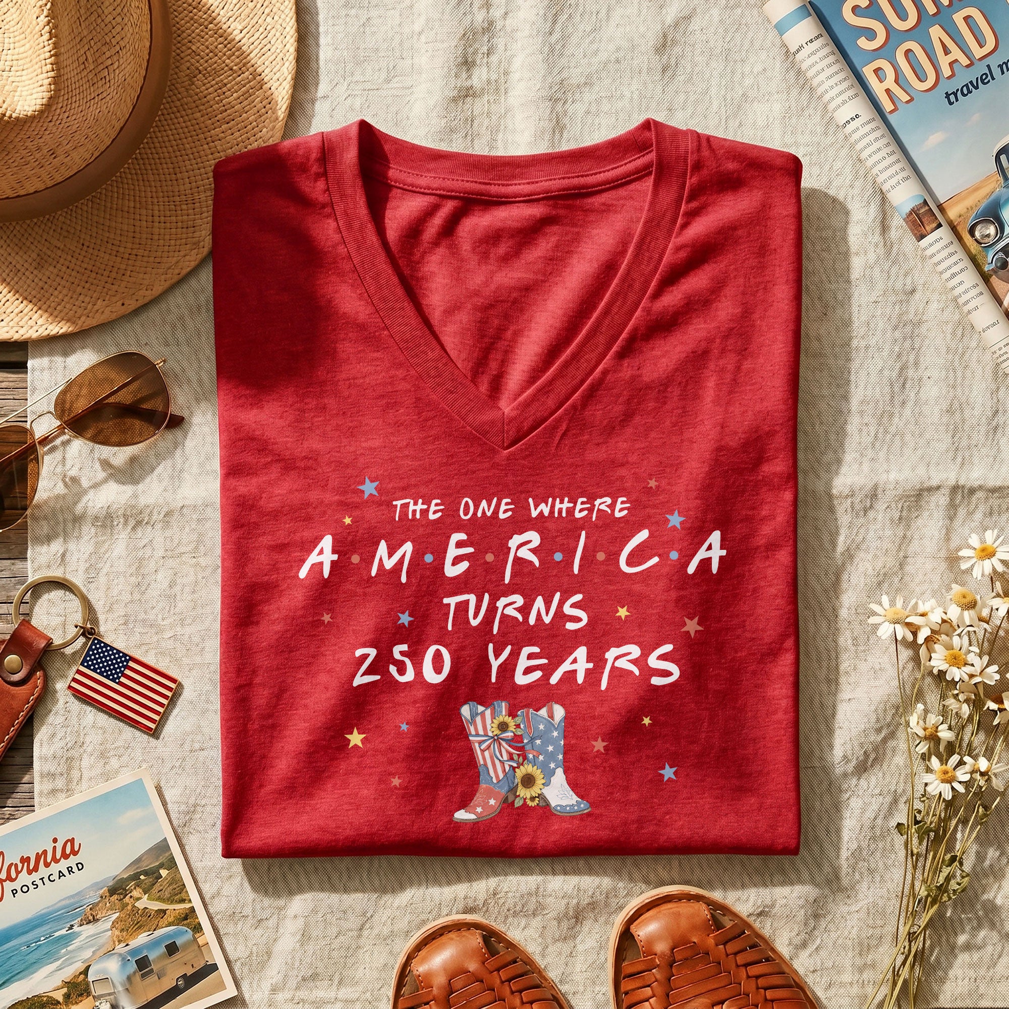 250 Years America Turns Friends Font Women V Neck T Shirt Patriotic Cowgirl Boots Top