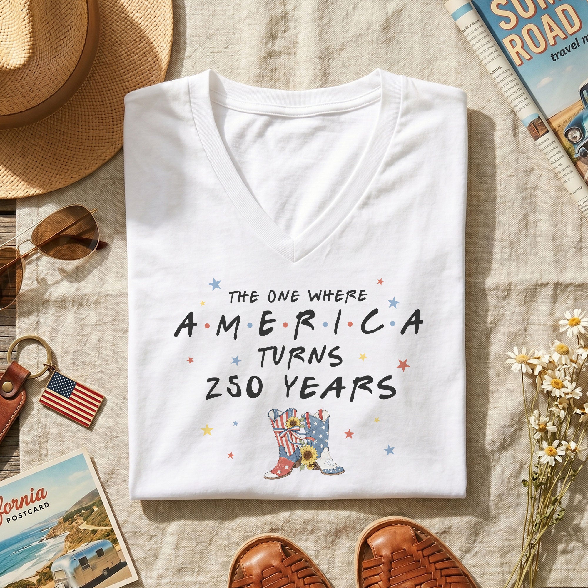 250 Years America Turns Friends Font Women V Neck T Shirt Patriotic Cowgirl Boots White Top