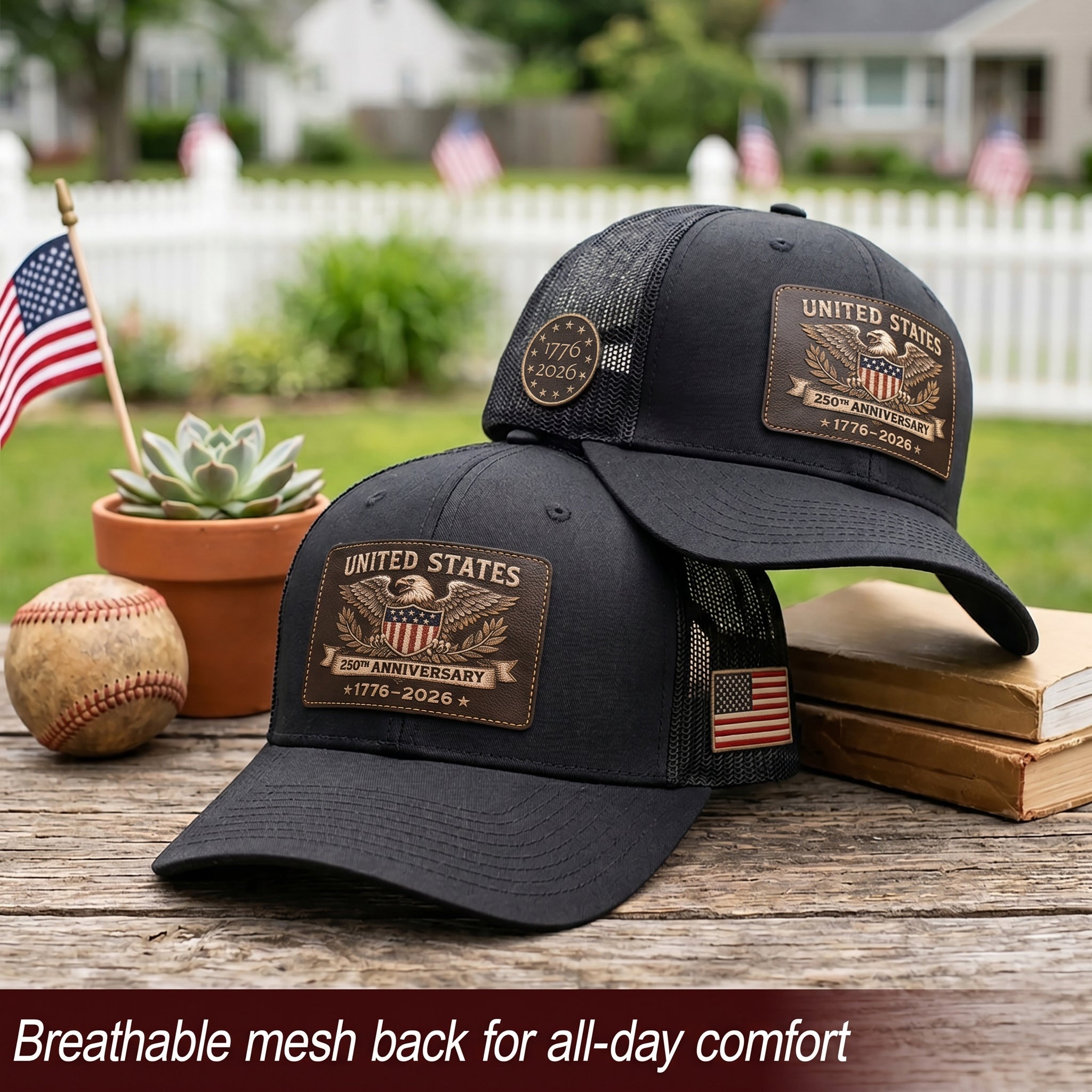 US 250th Anniversary Trucker Hat Vintage American Eagle Leather Patch Black Cap