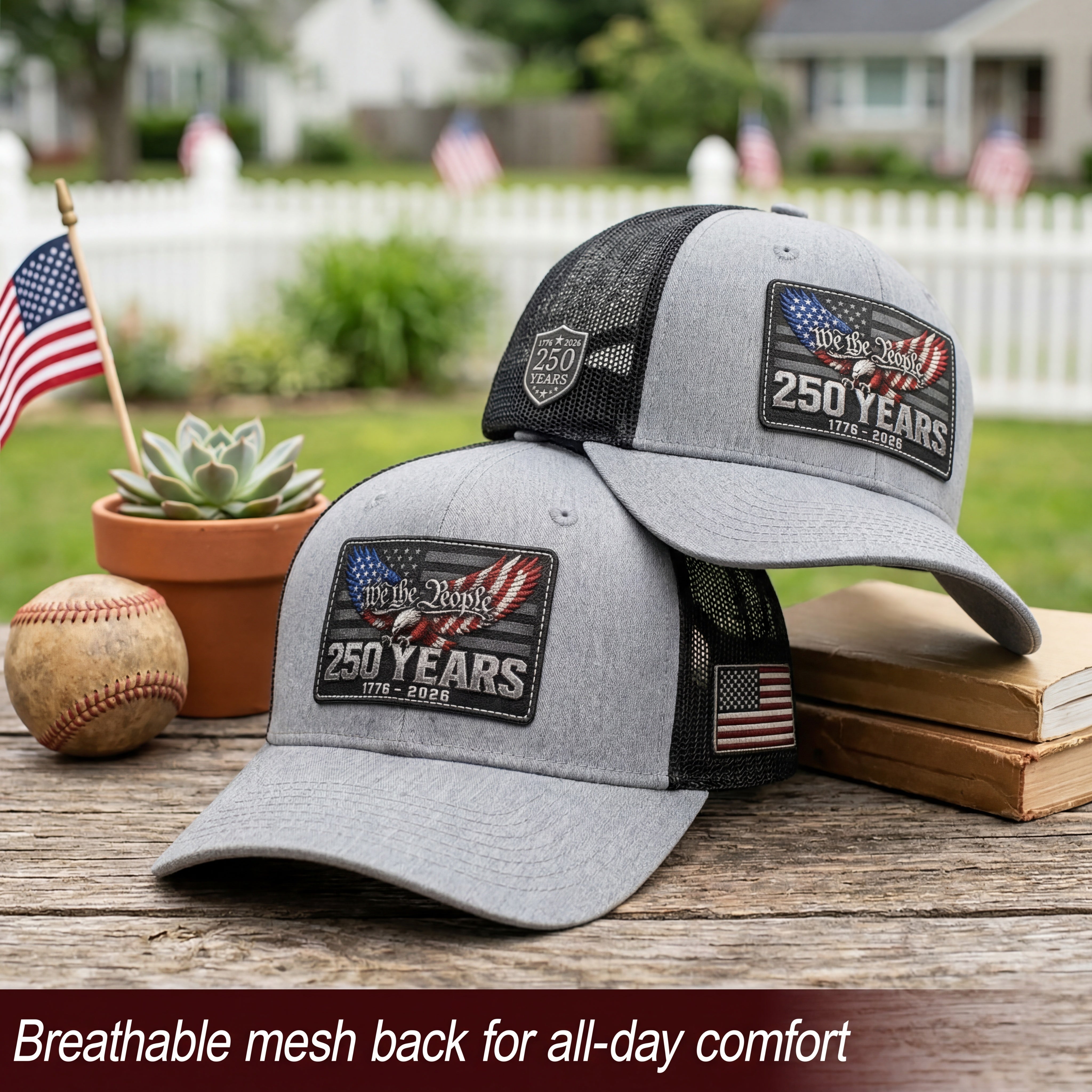We The People 250 Years Hat - US Patriotic 1776-2026 American Flag Mesh Trucker Cap