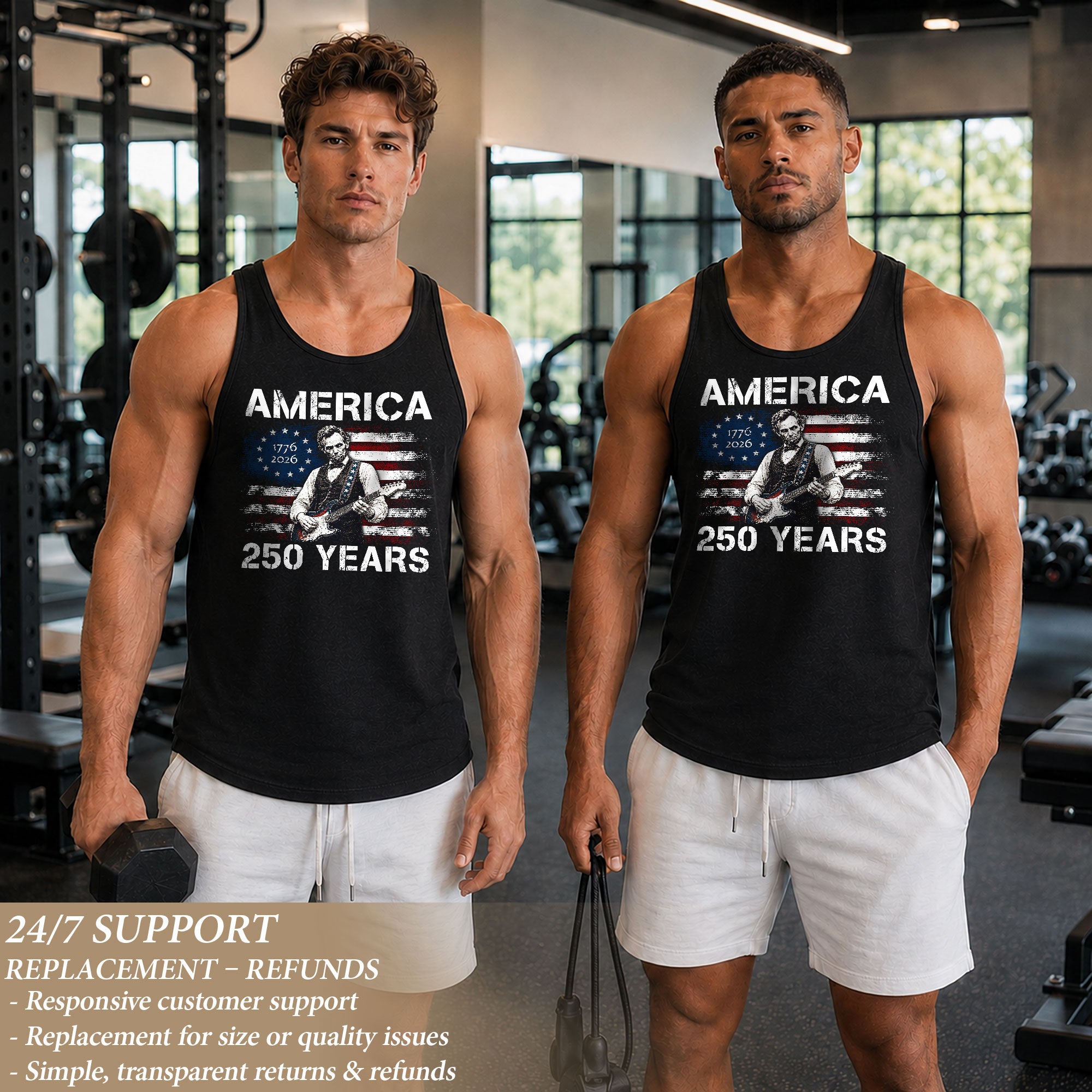 Retro Lincoln Guitar Flag Tank Top 1776-2026 Patriotic Vintage Men Graphic Sleeveless Shirt