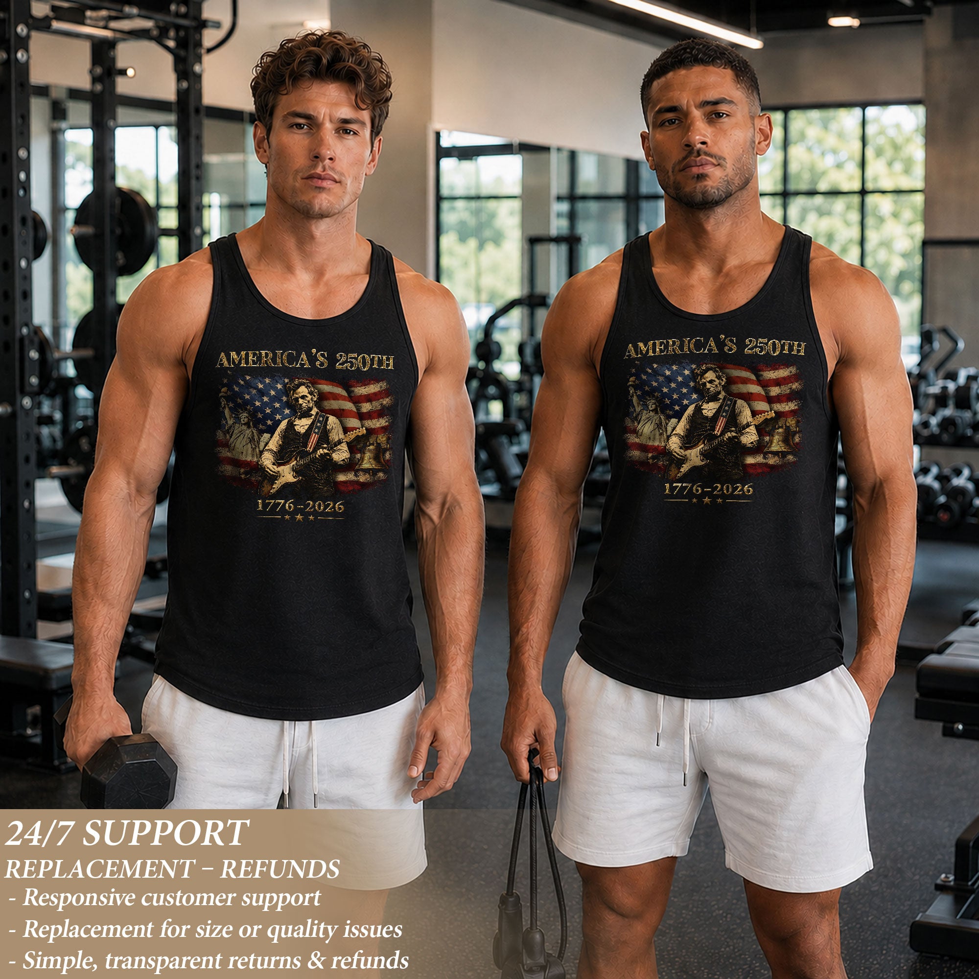 Lincoln Liberty Statue Guitar Tank Top 1776-2026 Patriotic Vintage Men Graphic Gym Shirt