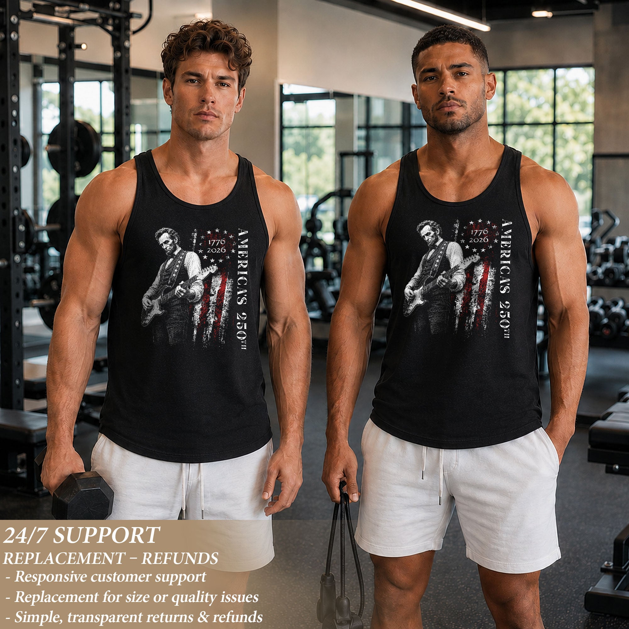 Vertical Flag Lincoln Guitar Tank Top 1776-2026 Patriotic Vintage Men Graphic Gym Shirt