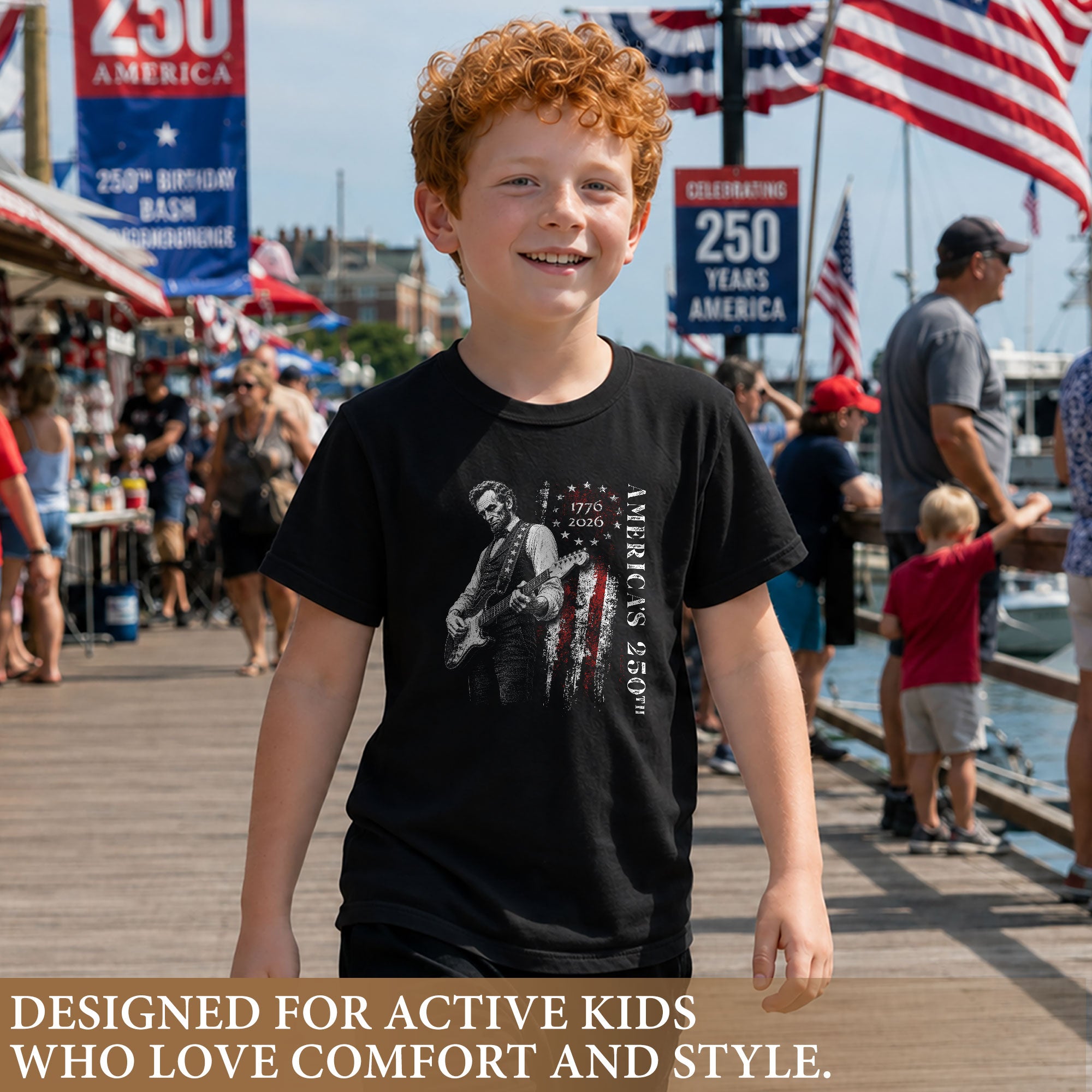 America's 250th Anniversary Kids Shirt 1776–2026 Lincoln Guitar Freedom Tee