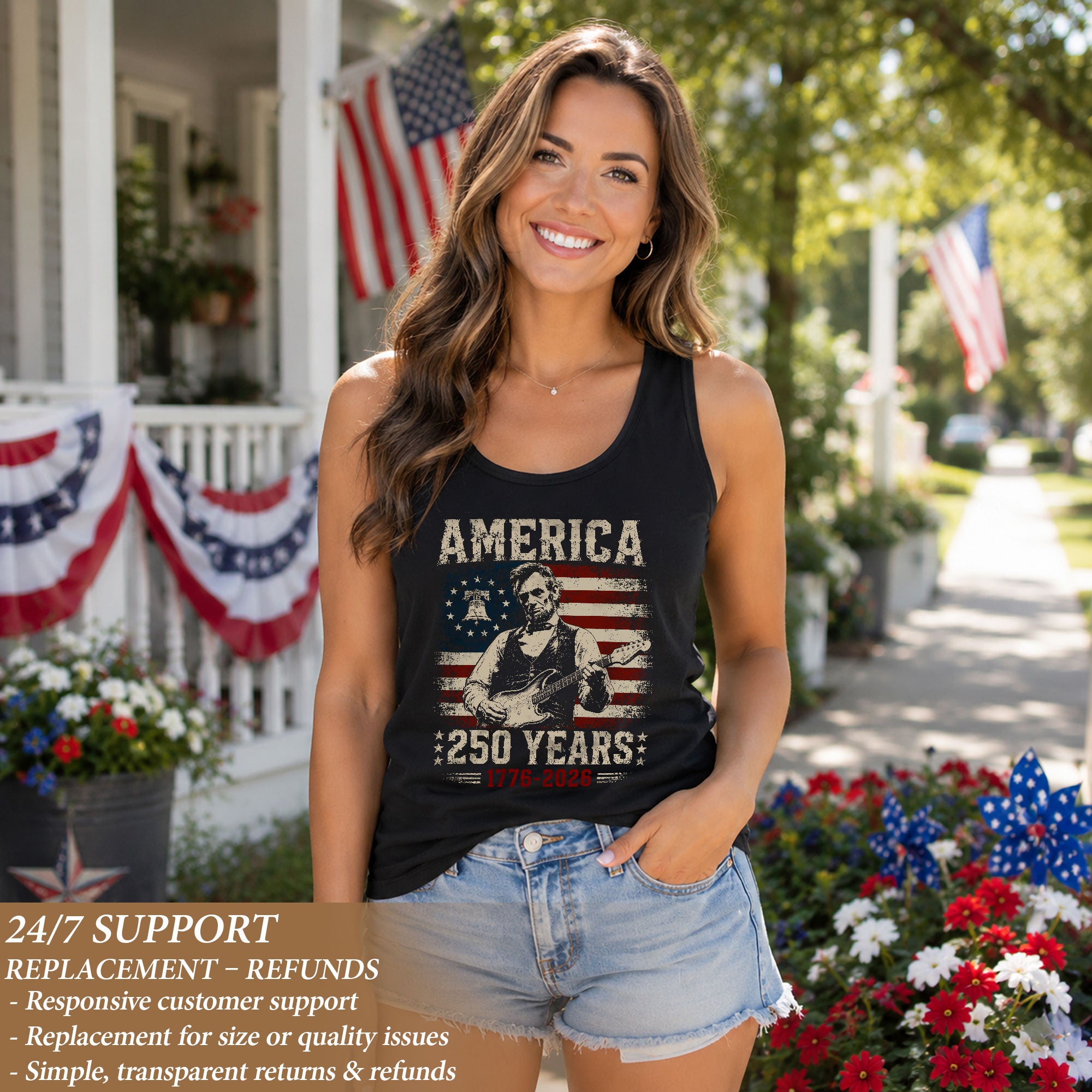 Women Tank Top Patriotic 1776-2026 America 250 Years Abraham Lincoln Guitar Freedom Sleeveless