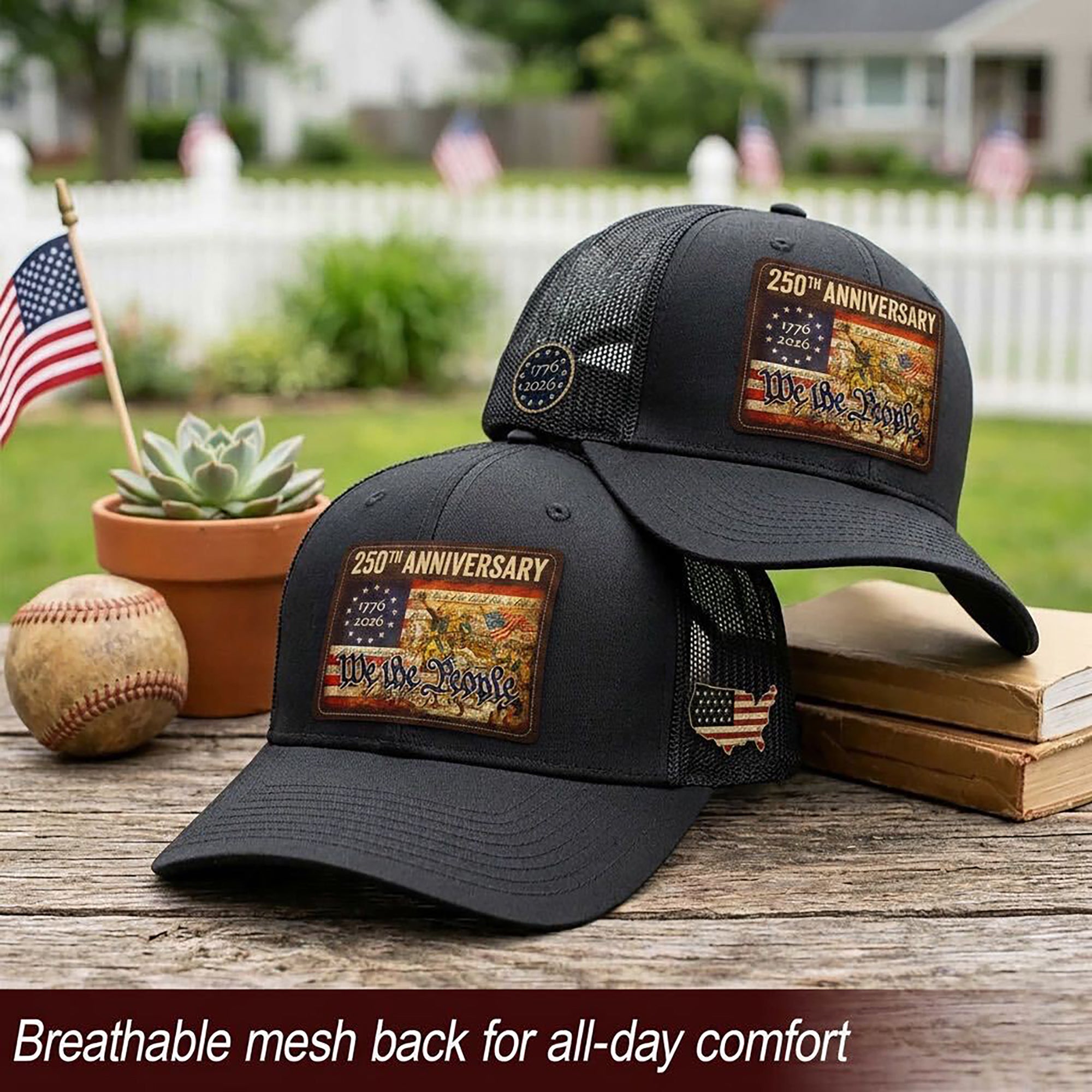 USA 250th Anniversary We The People Leather Patch Trucker Hat Patriotic Mesh Cap