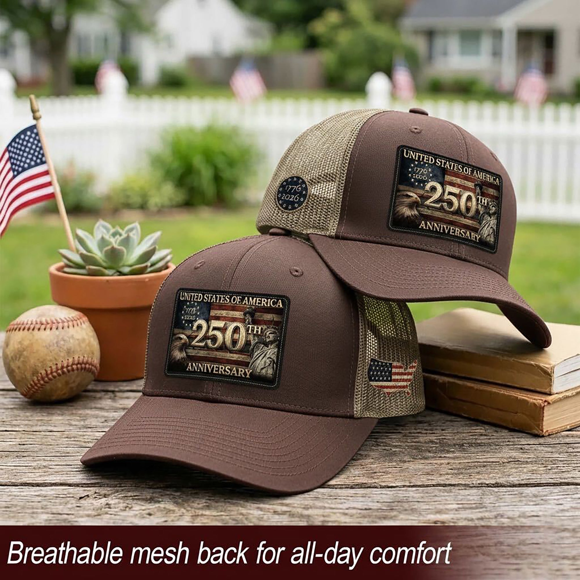 USA 250th Anniversary Leather Patch Trucker Hat Eagle & Statue of Liberty Mesh Cap