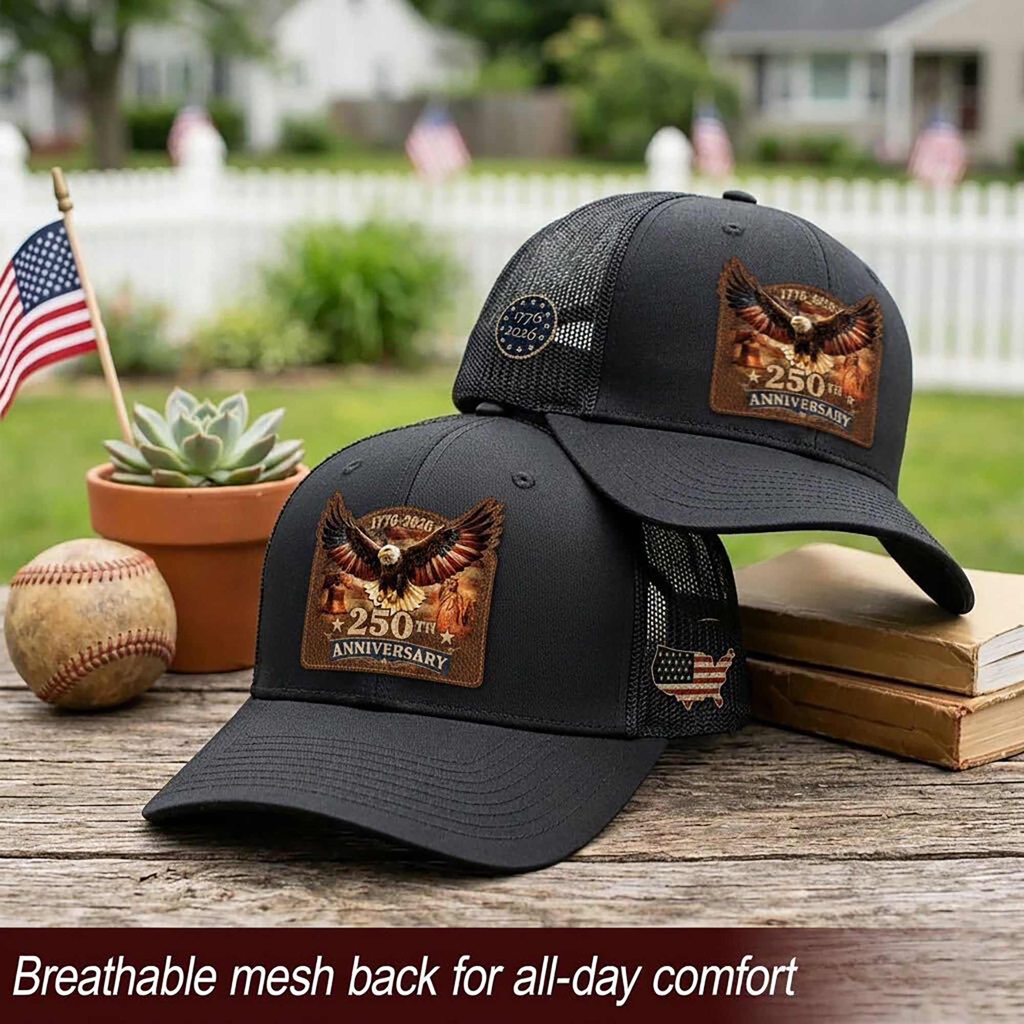 1776-2026 USA Heritage Leather Patch Trucker Cap Patriotic Eagle & Liberty Bell Hat