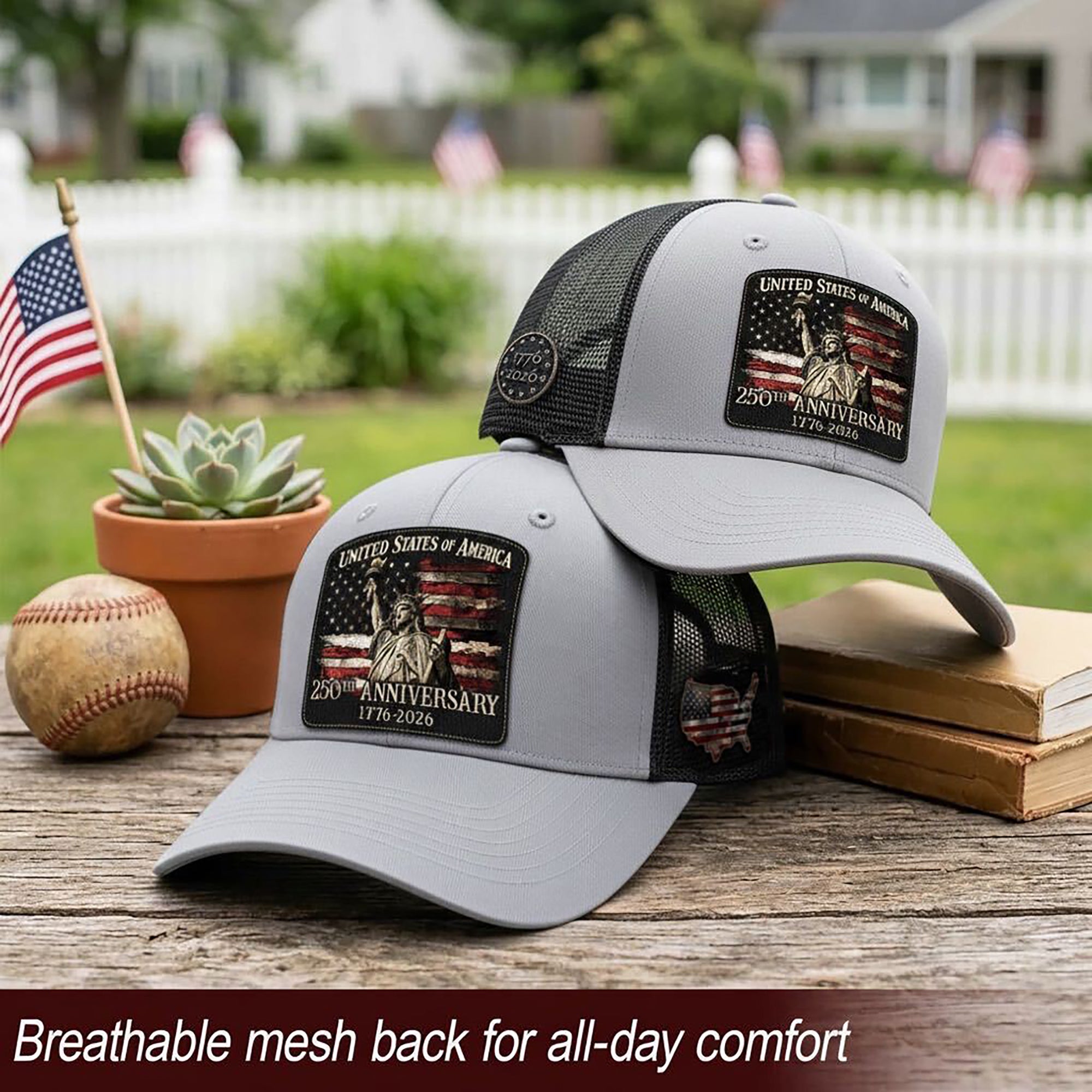 United States 1776-2026 Leather Patch Cap Patriotic Statue of Liberty Mesh Hat