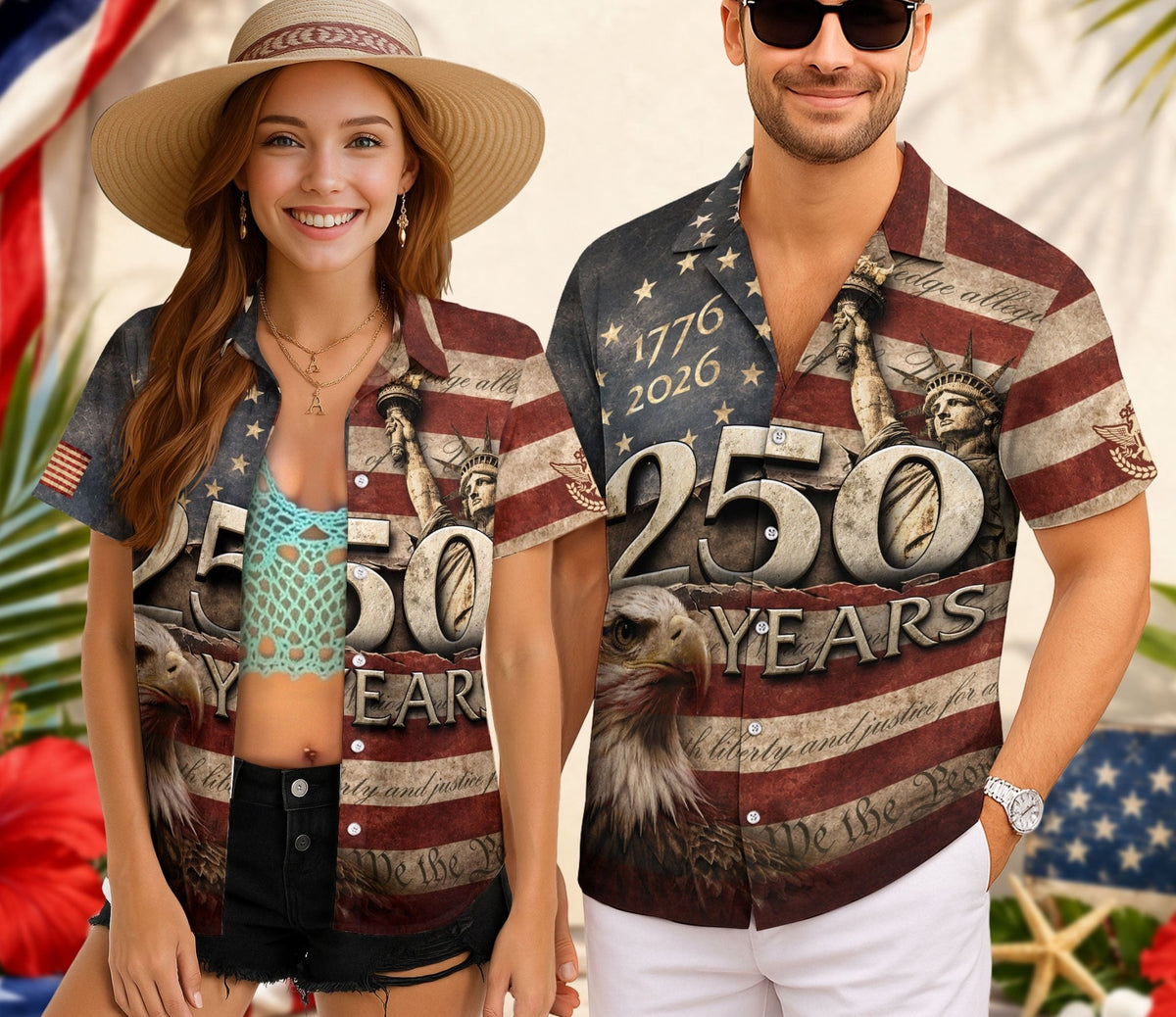 Hawaiian Shirt 250th Anniversary Vintage US Tattered Flag Patriotic Eagle - Rust Field Wear