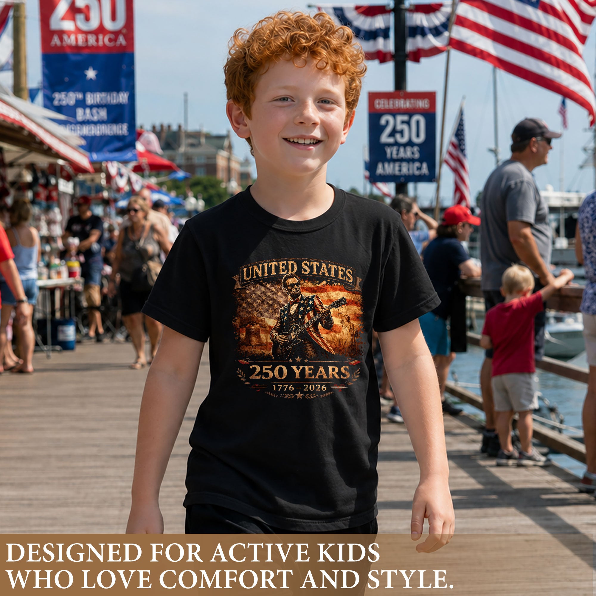 Kids America 250 Years T-Shirt 1776–2026 Lincoln Guitar Patriotic Youth Graphic Tee