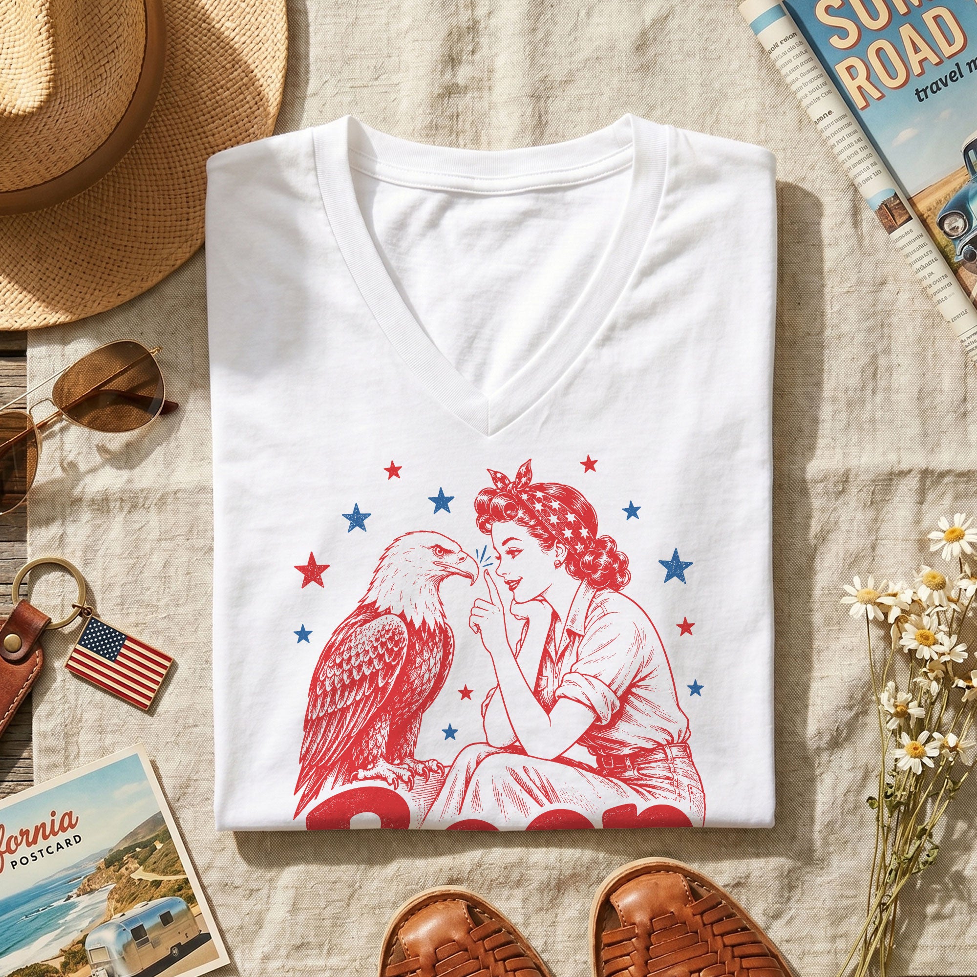 Boop Eagle V-Neck T-Shirt Women Patriotic Vintage Graphic Tee Retro American