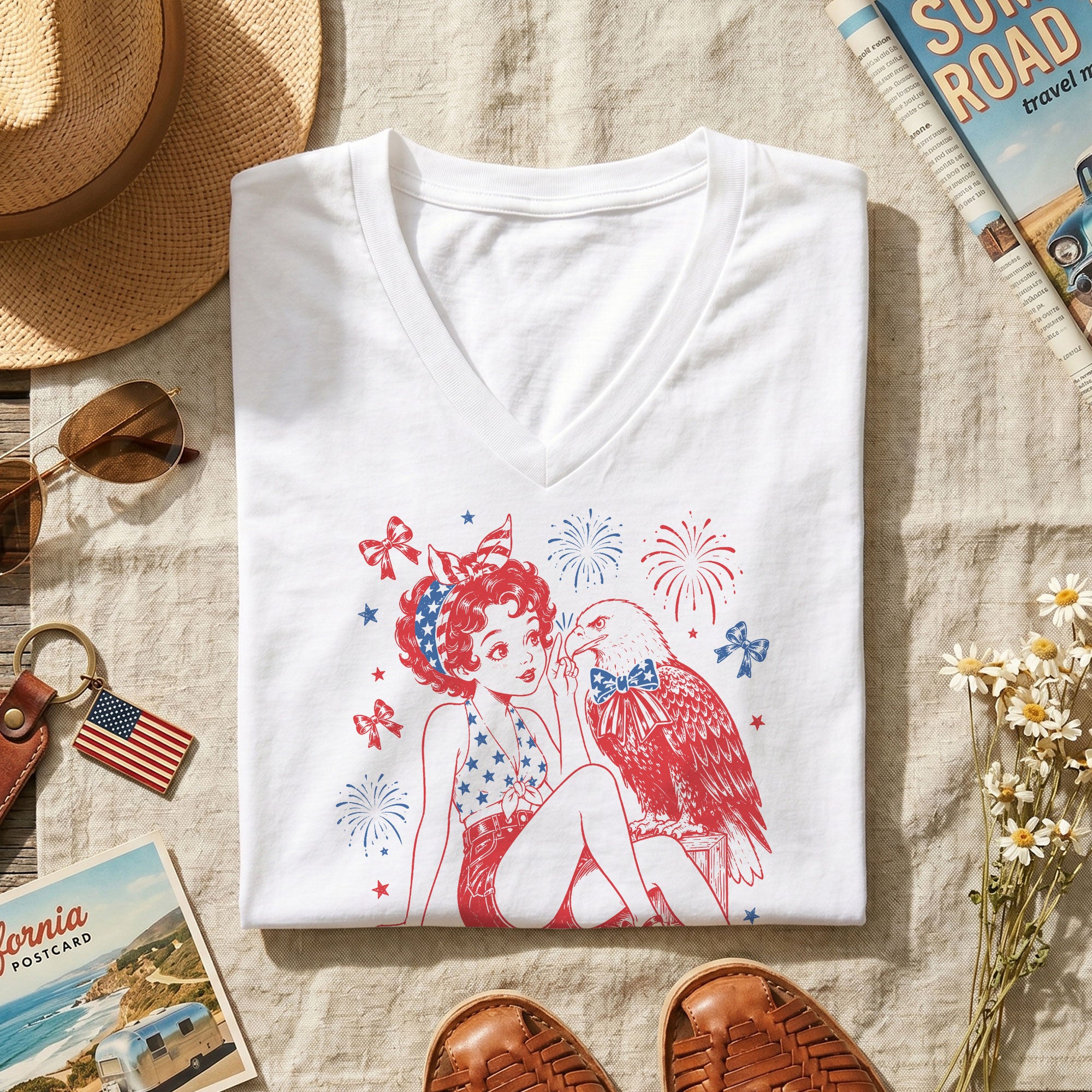 Boop Eagle V-Neck Shirt Women Patriotic Retro Pin Up Graphic American Style Tee