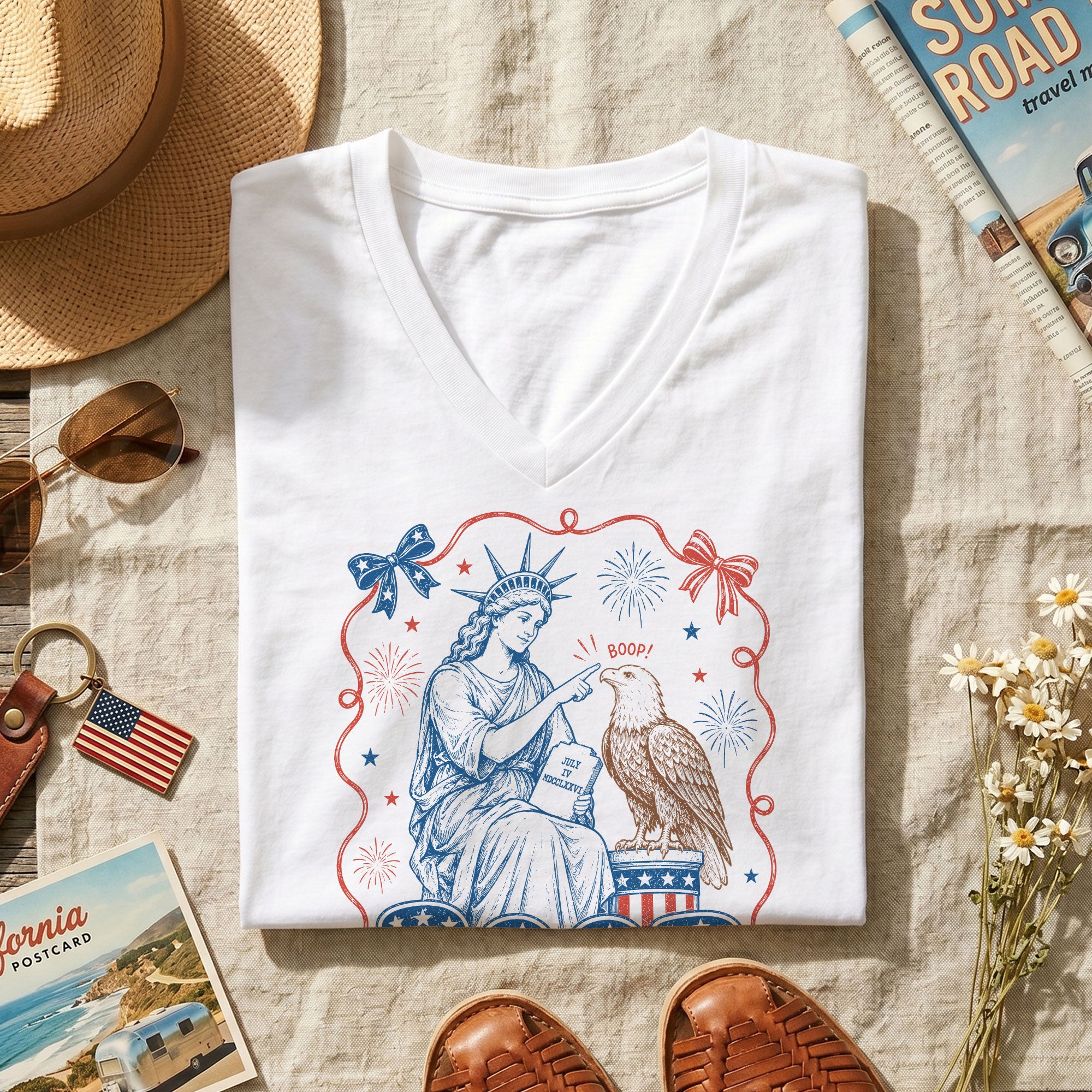Boop Statue of Liberty V-Neck T-Shirt Women Patriotic Vintage Americana Graphic Tee