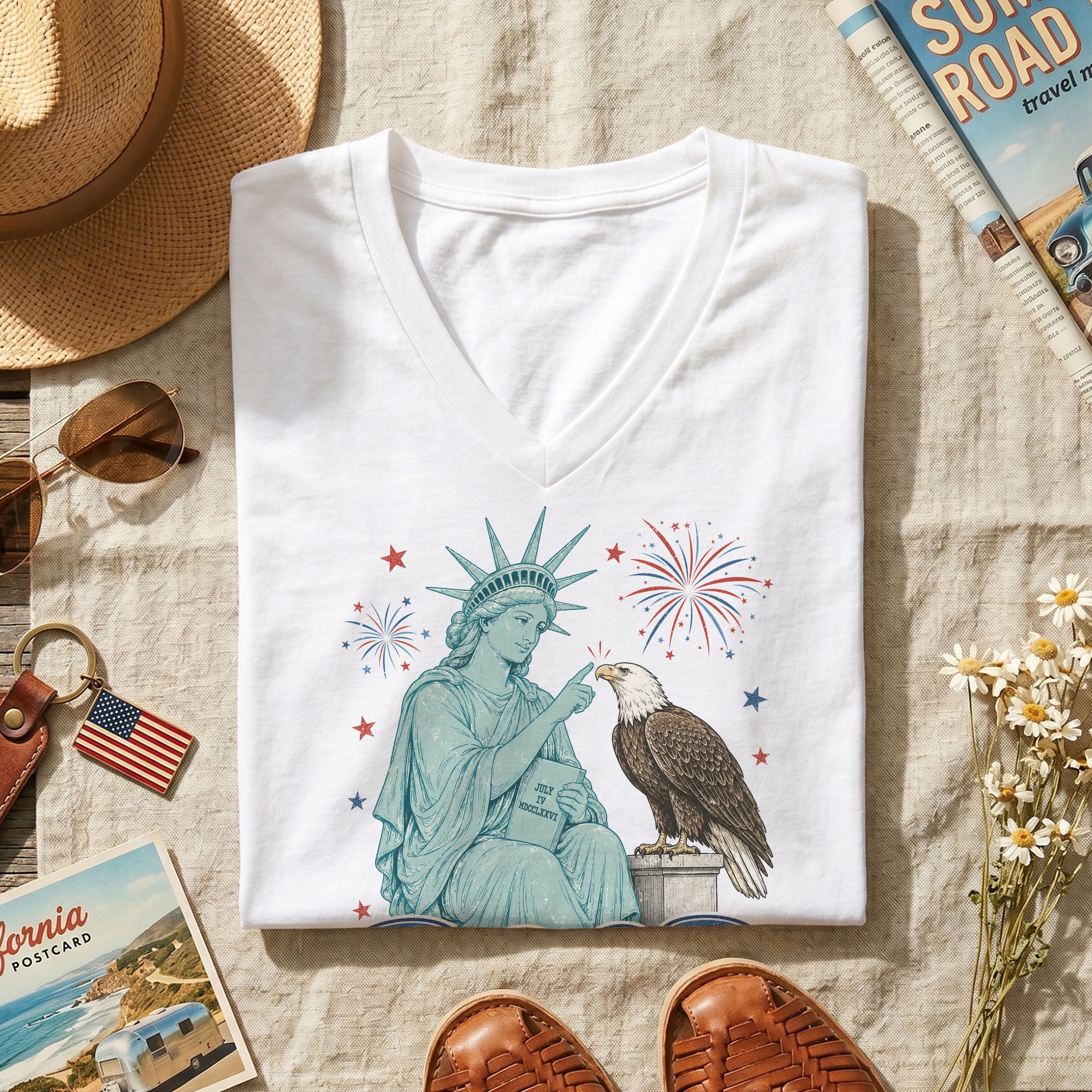 Boop Statue of Liberty Eagle V-Neck T-Shirt Women Patriotic Vintage Americana Tee