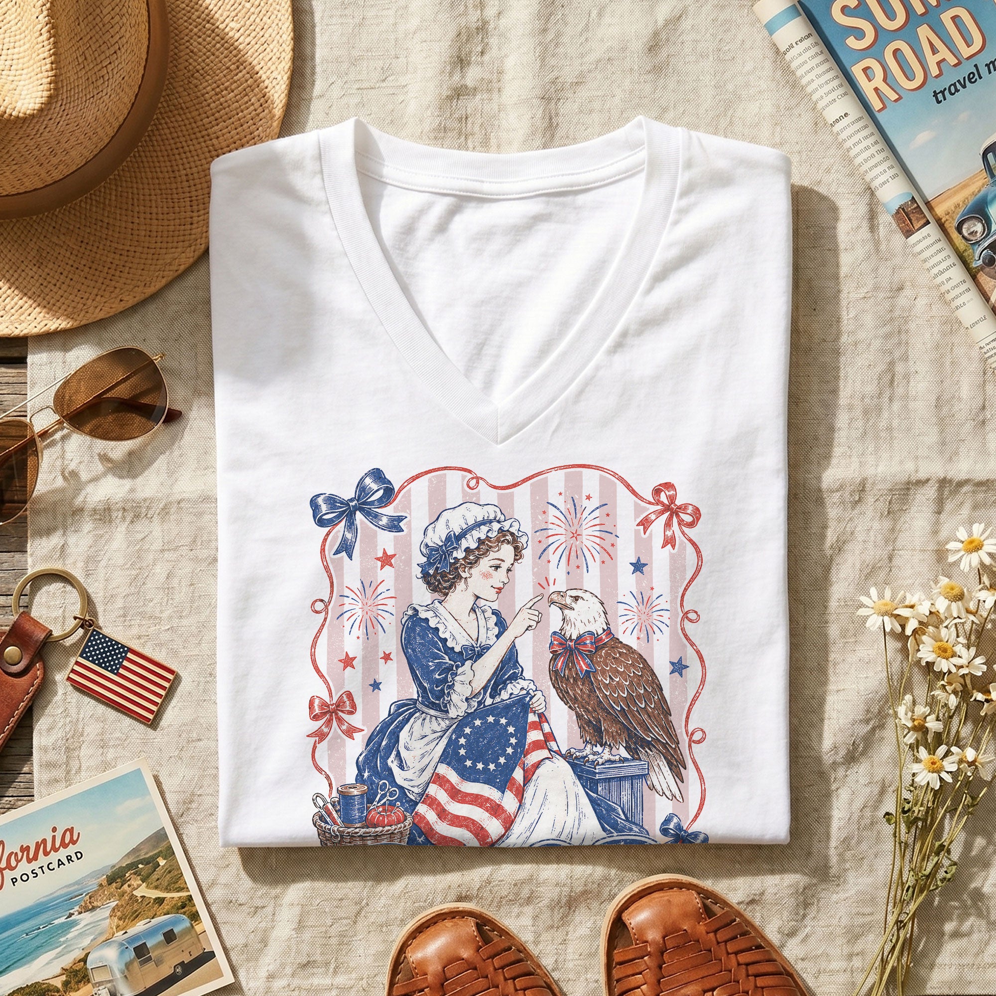 Boop Eagle V-Neck T-Shirt Women Patriotic Vintage Americana Lady Liberty Graphic Tee